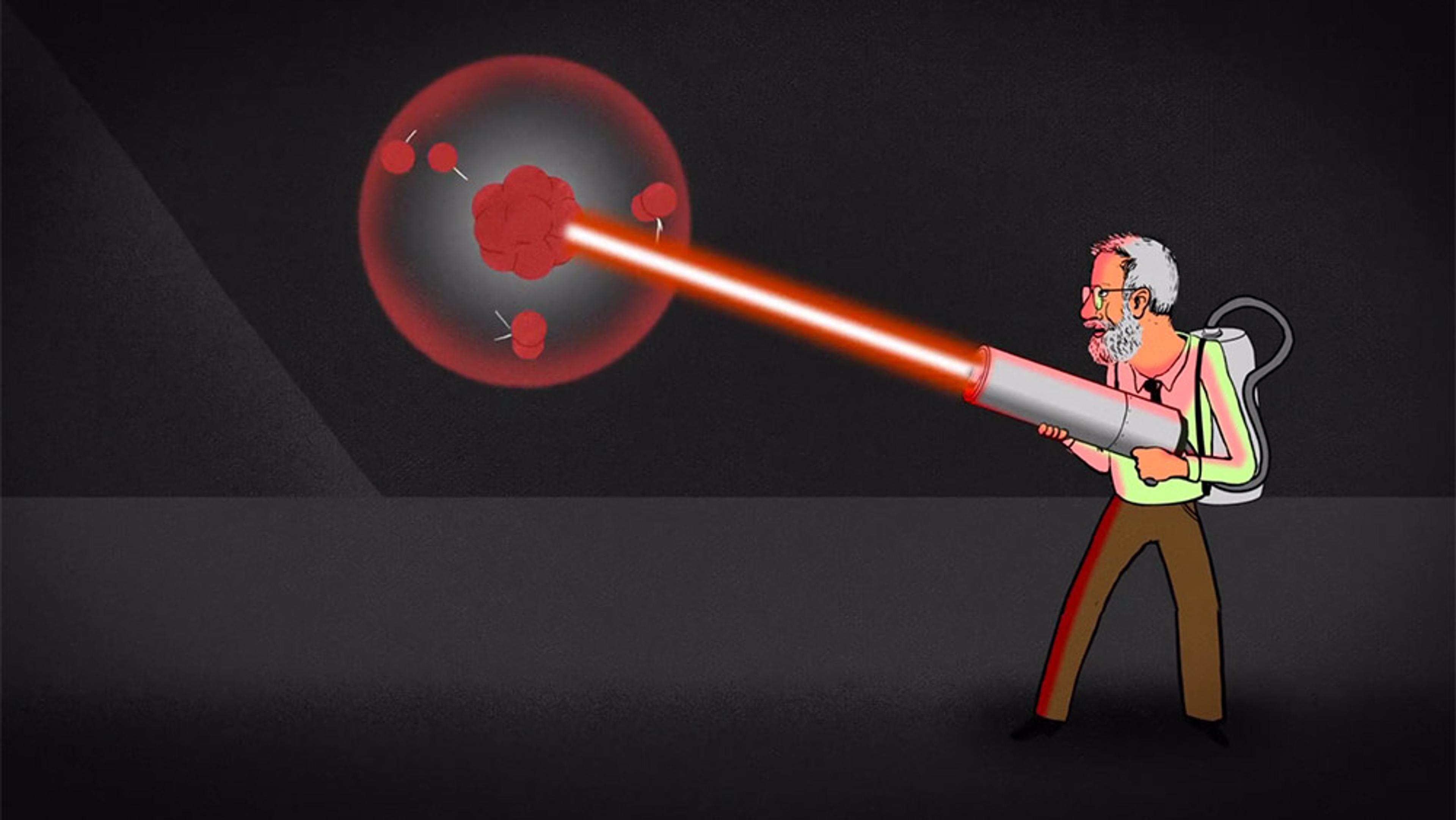 Animated image of a man with glasses firing a laser at a red cell, suggesting battling bacteria or viruses, in a dark background.
