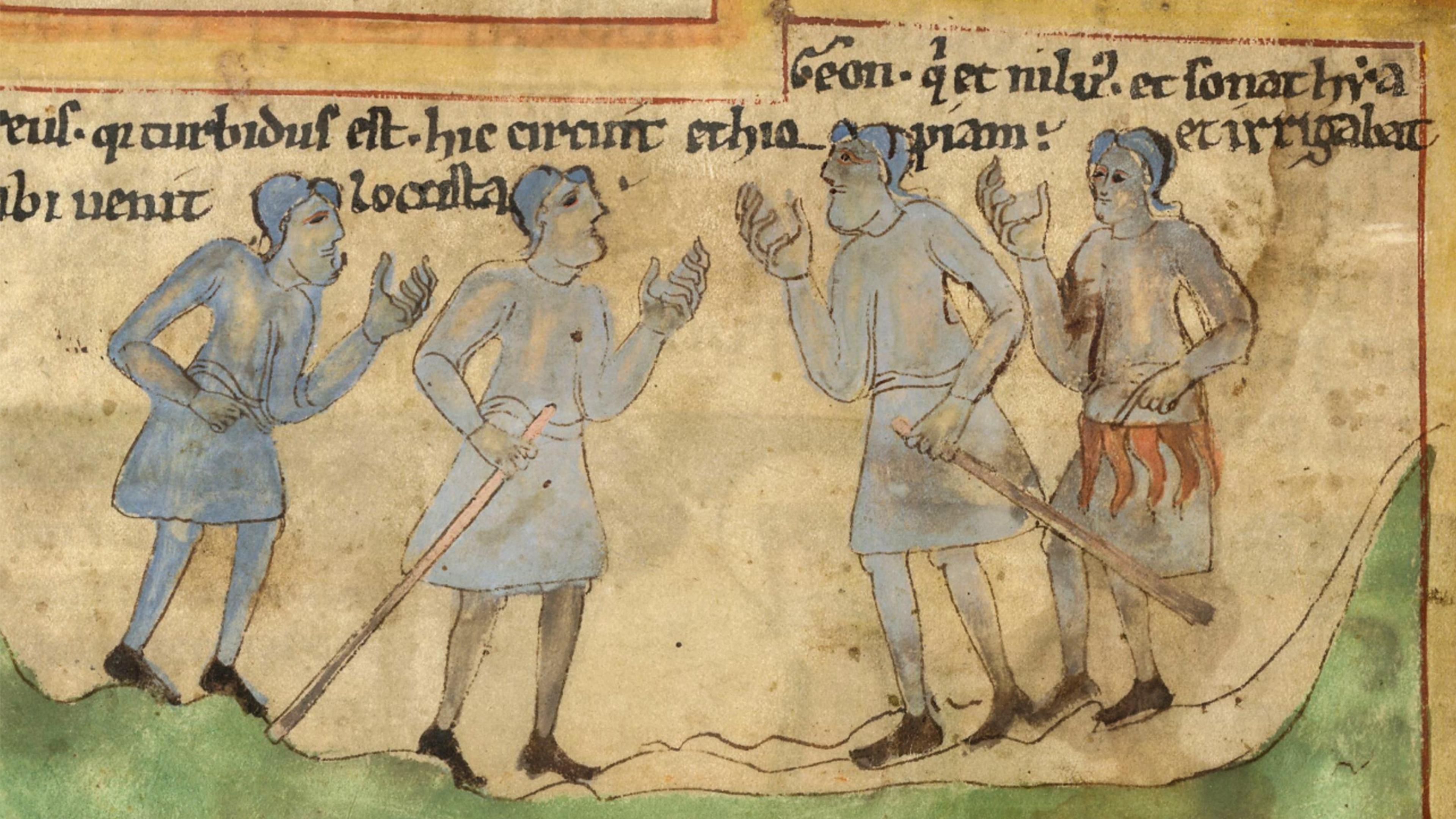 Medieval drawing of five men wearing tunics, some carrying staffs, gesturing and talking under colourful manuscript text.