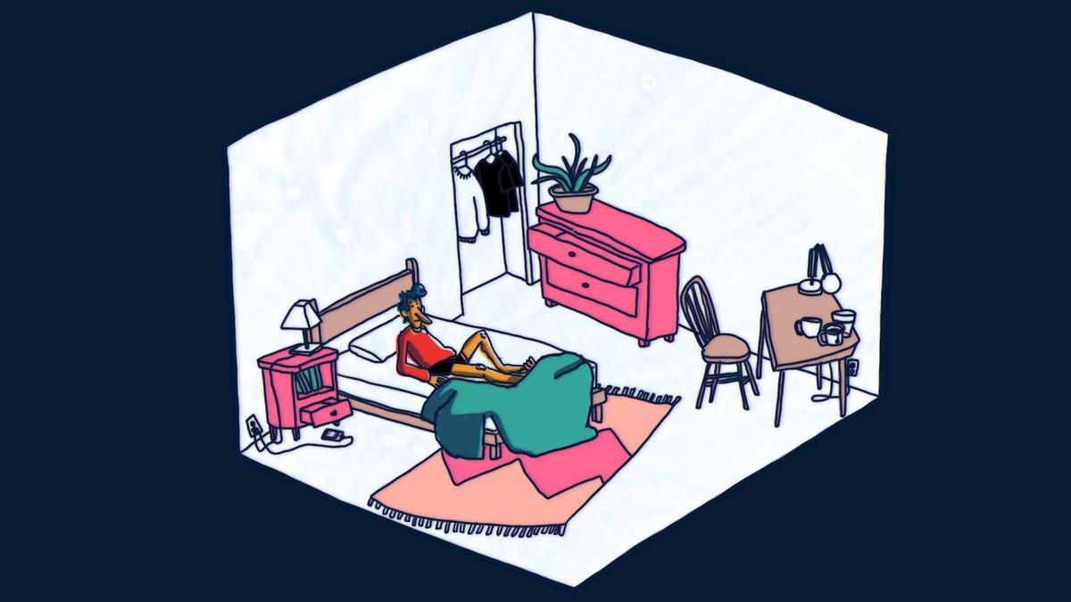 Illustration of a room with a person lounging on a bed, a pink dresser, a table with cups and a plant.