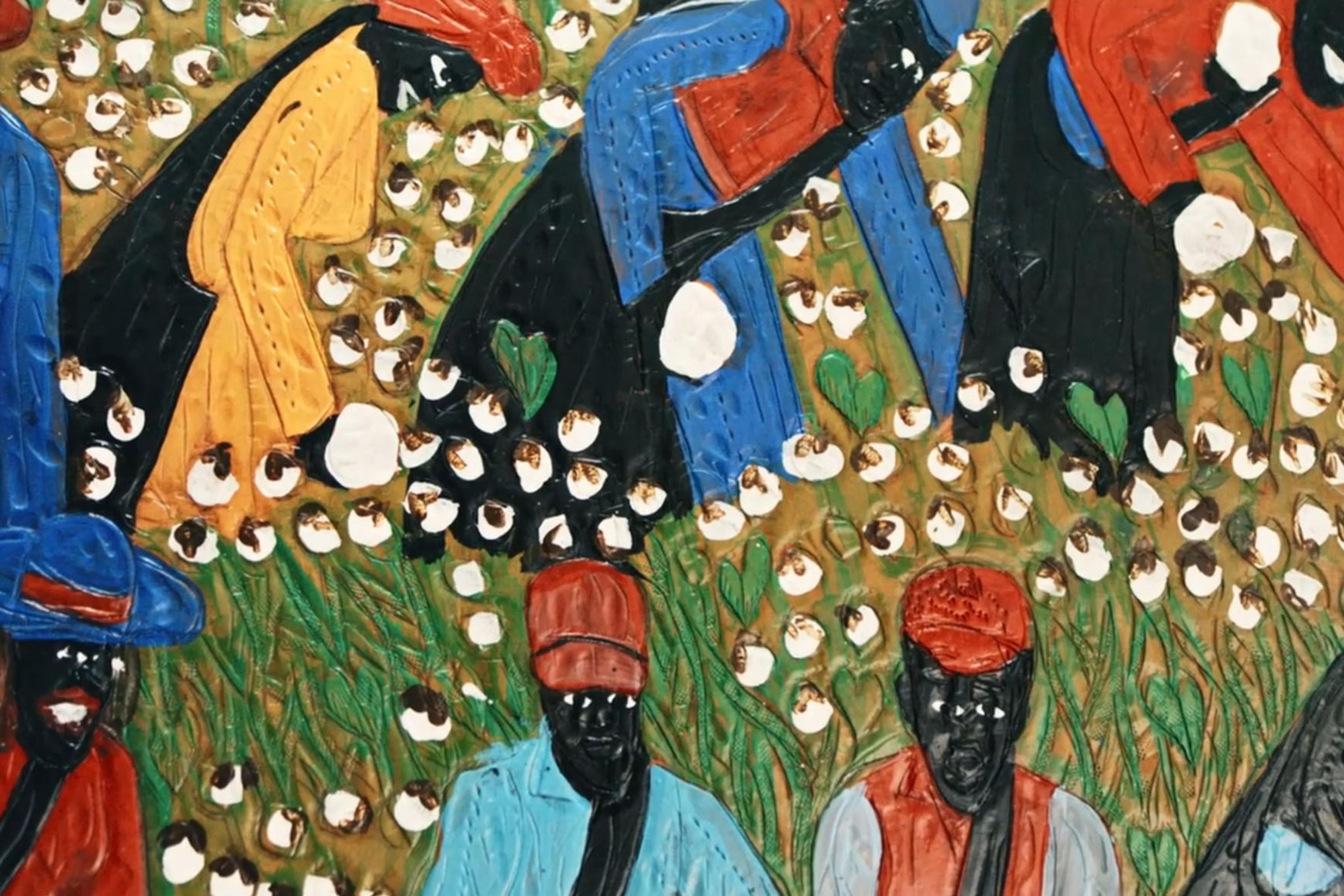 Painting of Black people in bright clothing picking cotton in a field, surrounded by white cotton plants with green leaves.