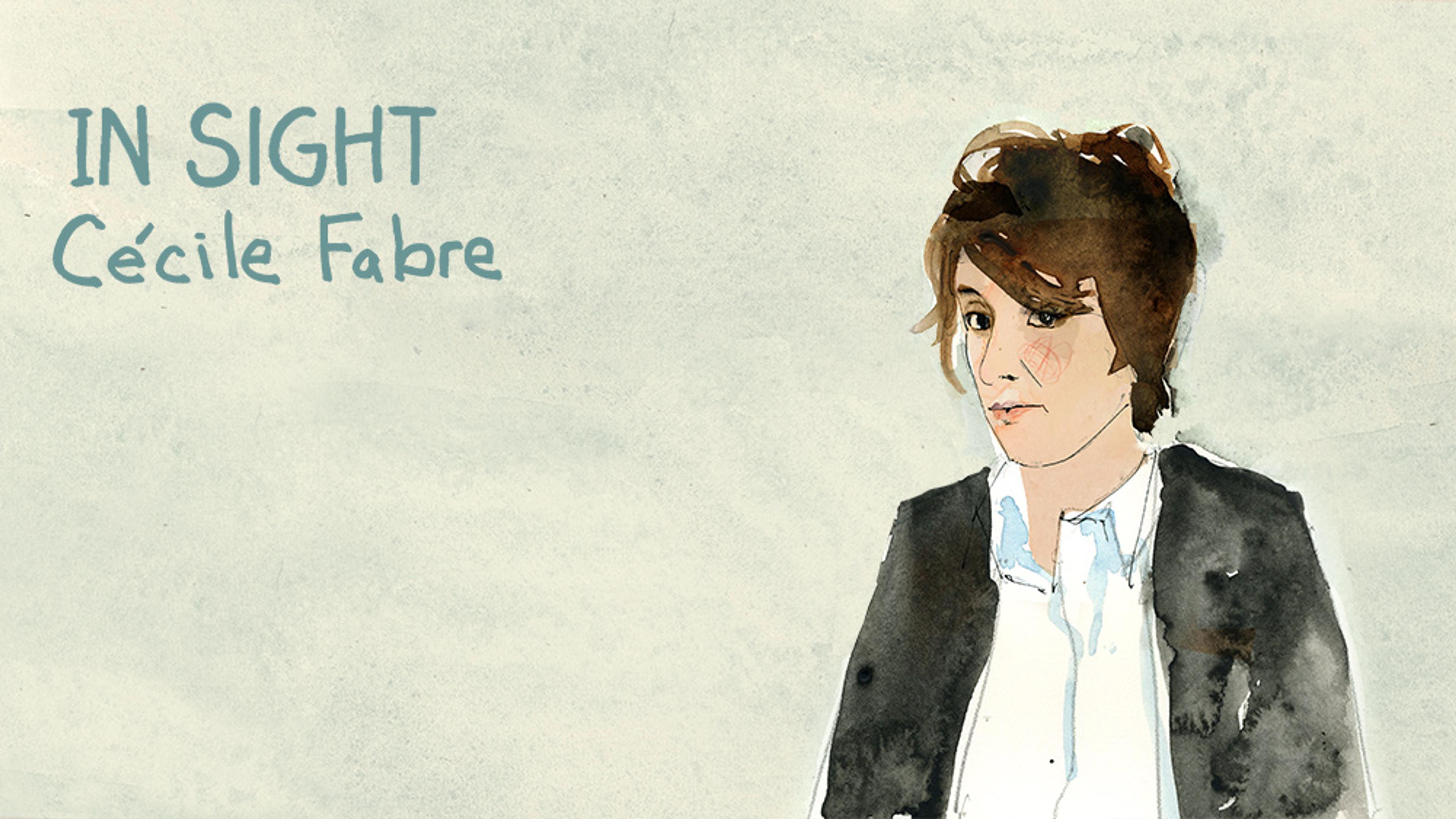 Watercolour painting of a woman in a dark jacket with text on the left reading “IN SIGHT Cécile Fabre” against a light background.