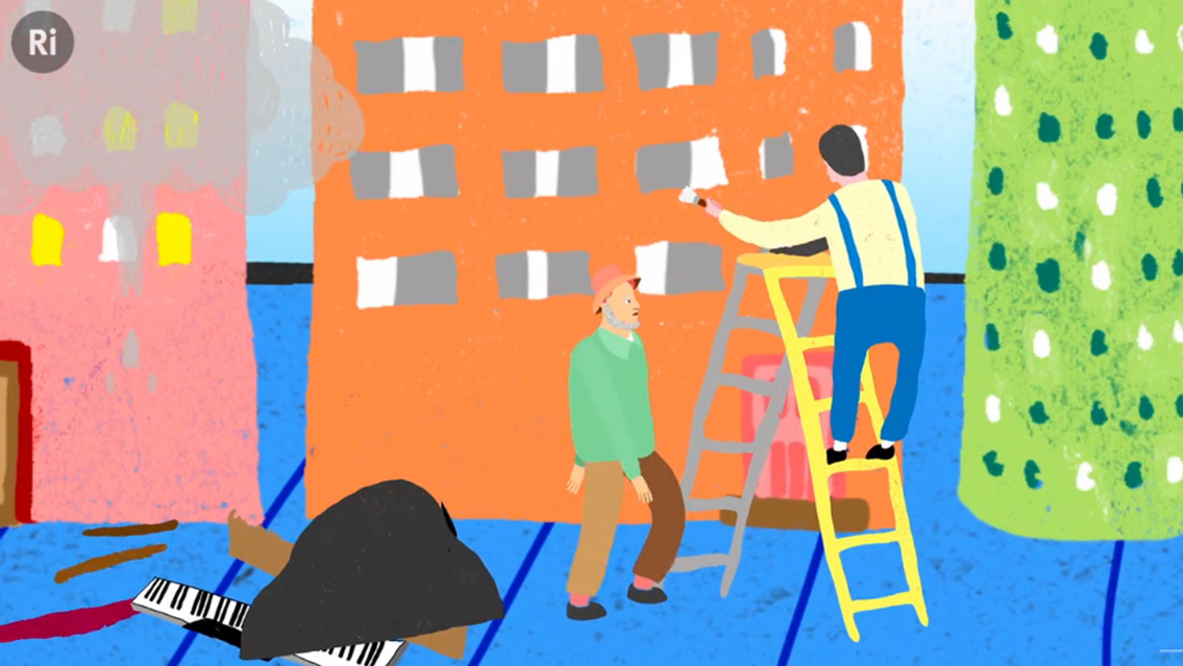 Illustration of a person on a ladder painting windows on an orange building while another stands nearby with a piano and debris on the ground.