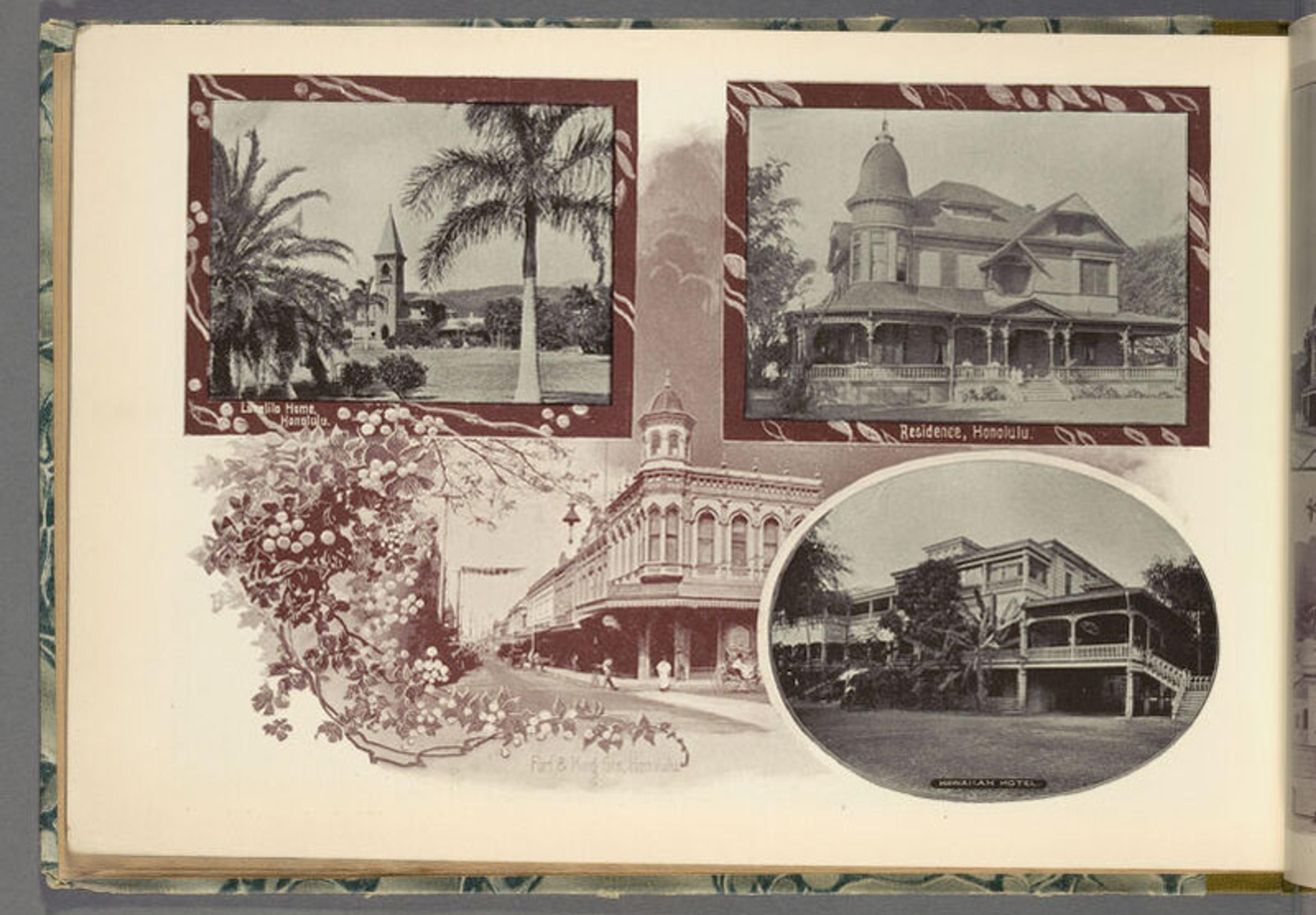 A vintage collage with photos of historic Honolulu buildings framed by decorative floral motifs.
