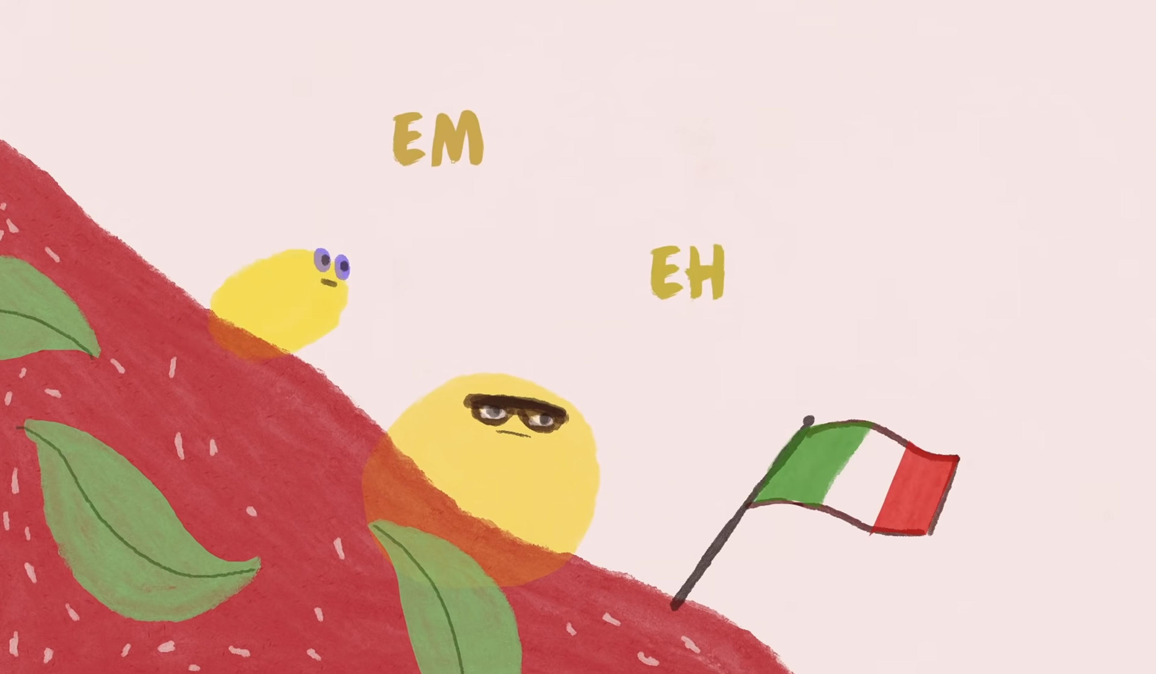 Illustration of two yellow blobs on a red hill with green leaves, an Italian flag on a stick, and the words ‘EM’ and ‘EH’.