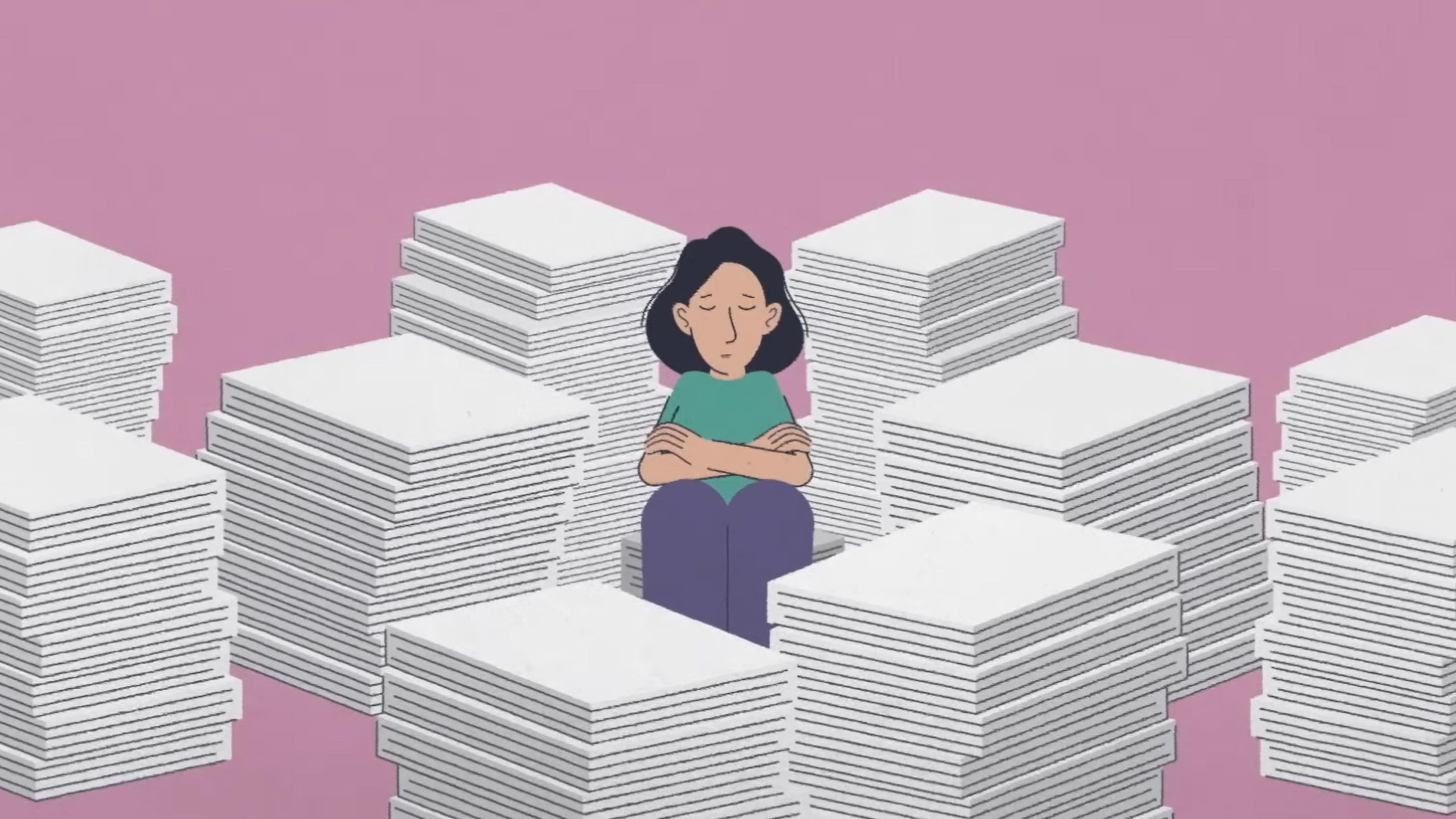 Illustration of a person sitting cross-legged among tall stacks of paper on a pink background.