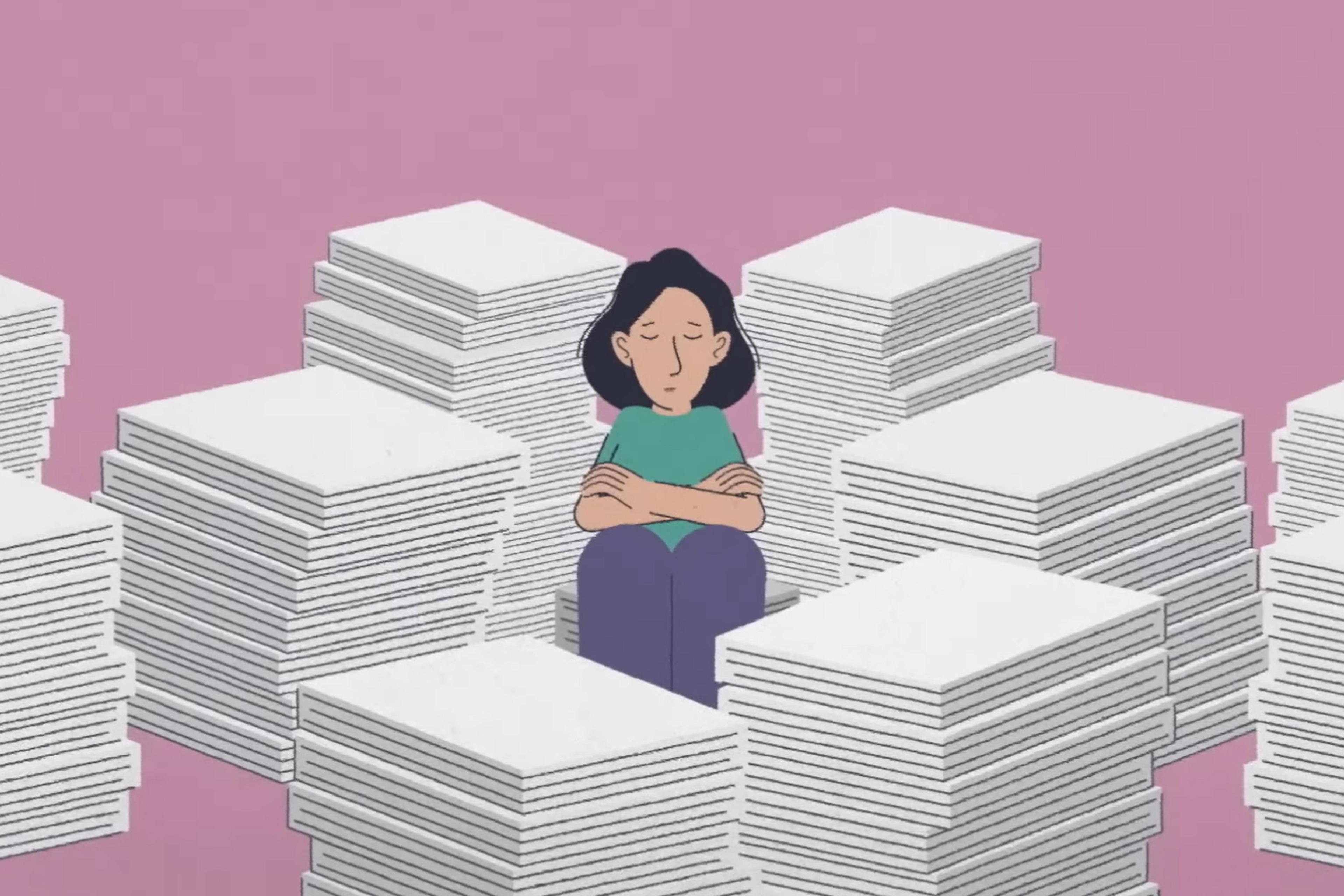 Illustration of a person sitting cross-legged among tall stacks of paper on a pink background.
