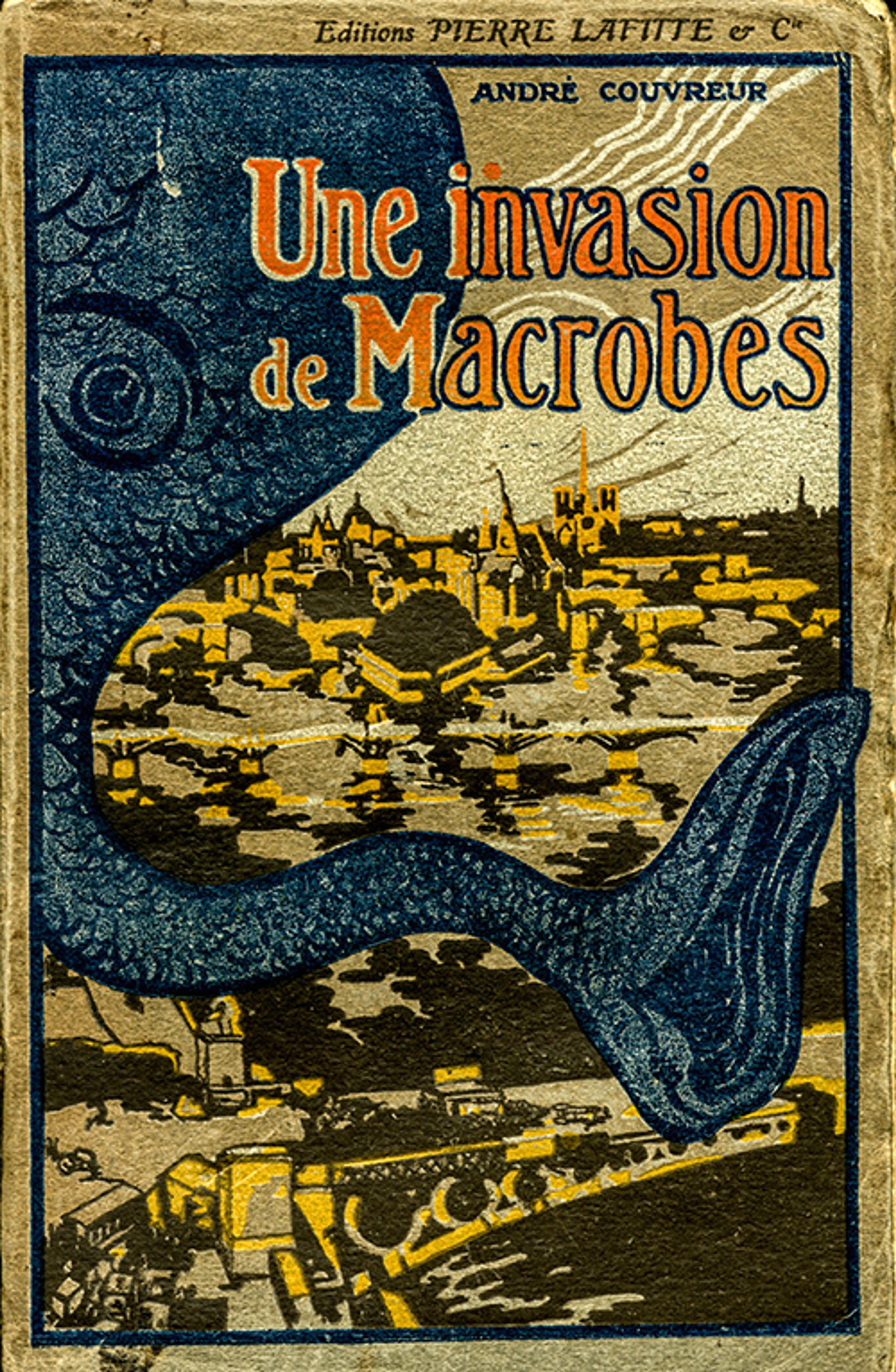 Book cover illustration, “Une invasion de Macrobes” by André Couvreur, featuring a large blue tentacle over a cityscape.
