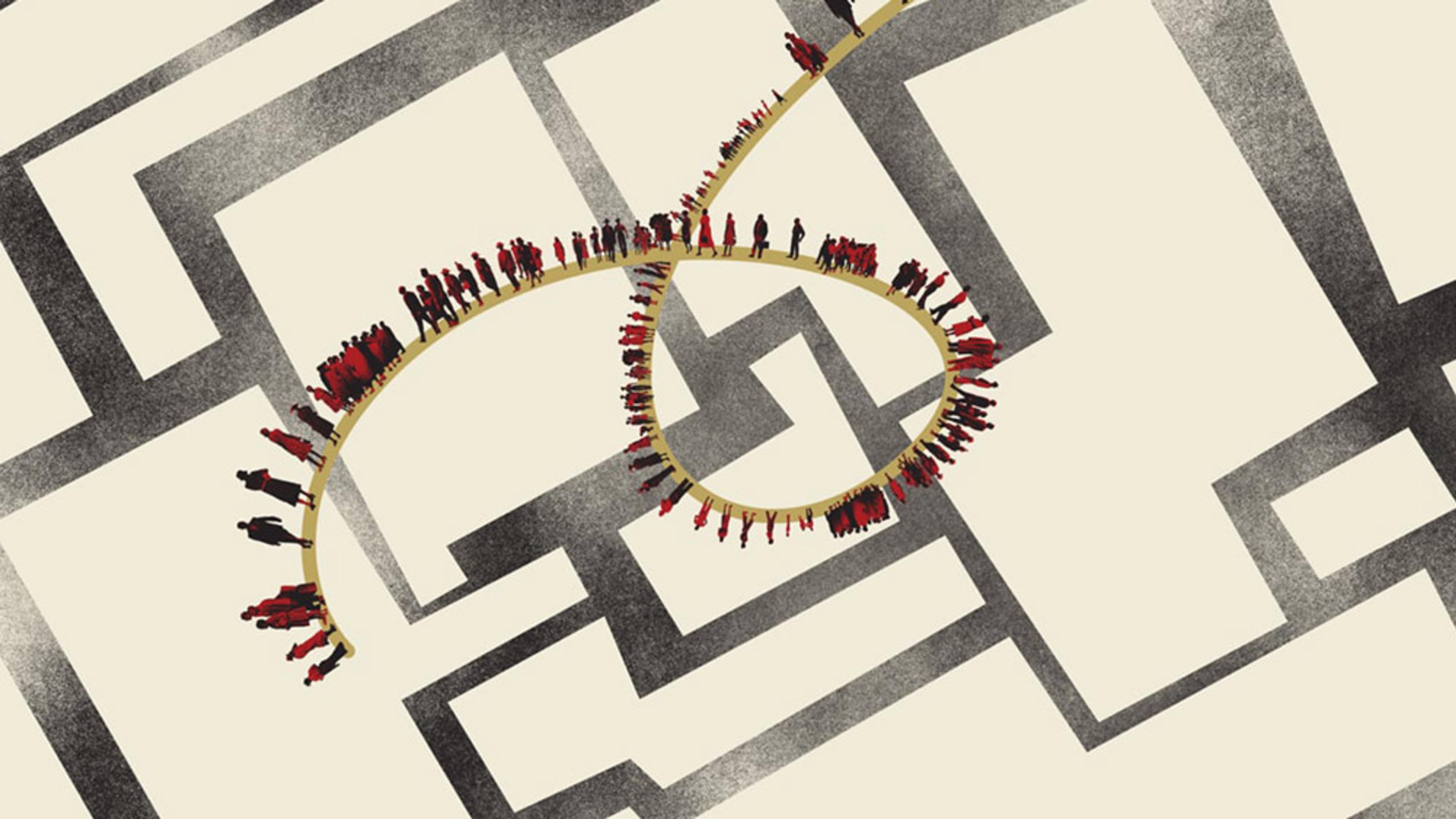 Painting of numerous small figures on a twisting, ribbon-like path over a geometric, maze-like background.