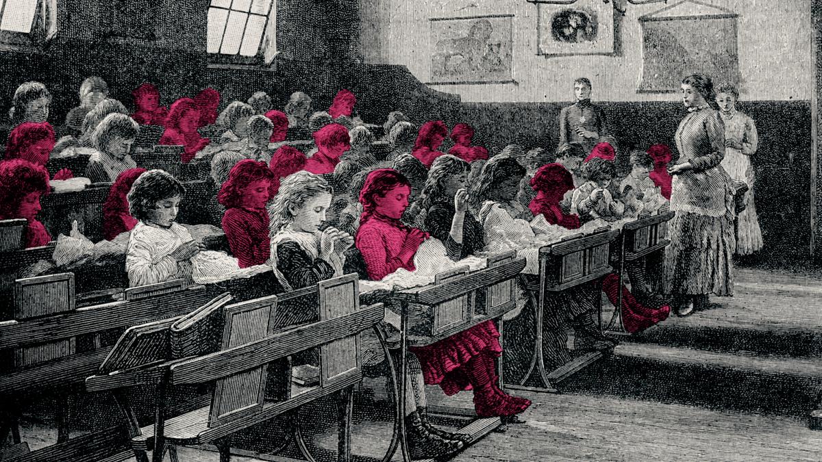Engraving of a classroom with children sewing, some highlighted in red, teachers stand at the front with windows above.