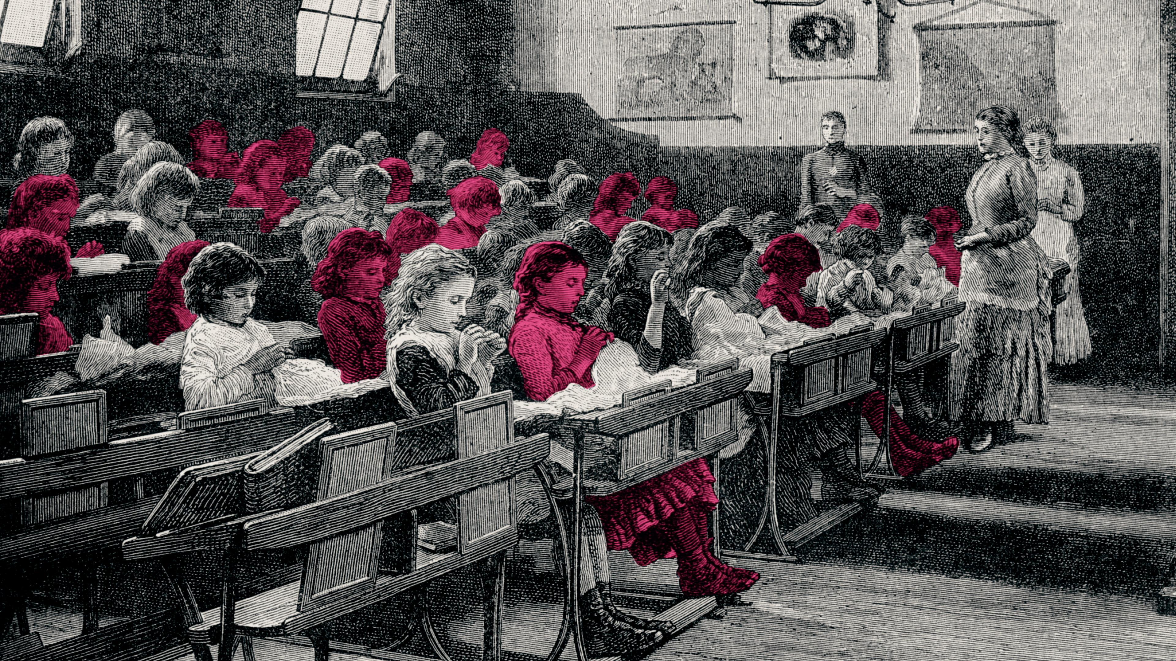 Engraving of a classroom with children sewing, some highlighted in red, teachers stand at the front with windows above.