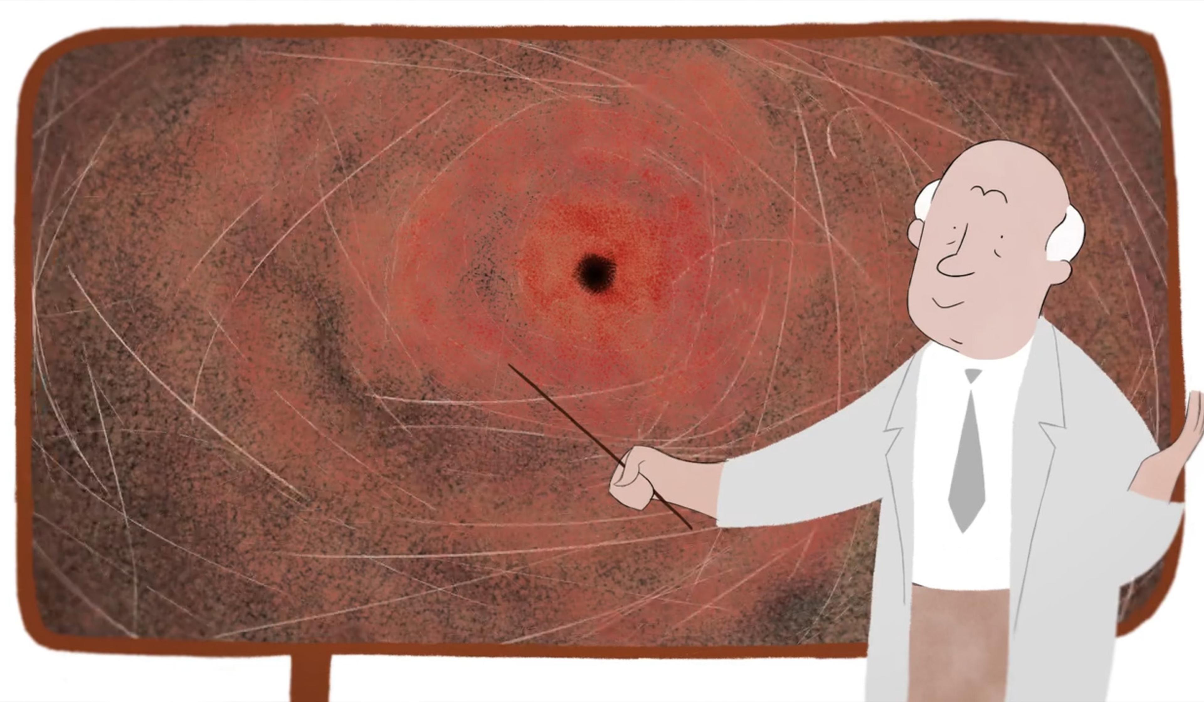 Cartoon of a man in a lab coat pointing at a chalkboard with a red and black swirling pattern, possibly illustrating a black hole.