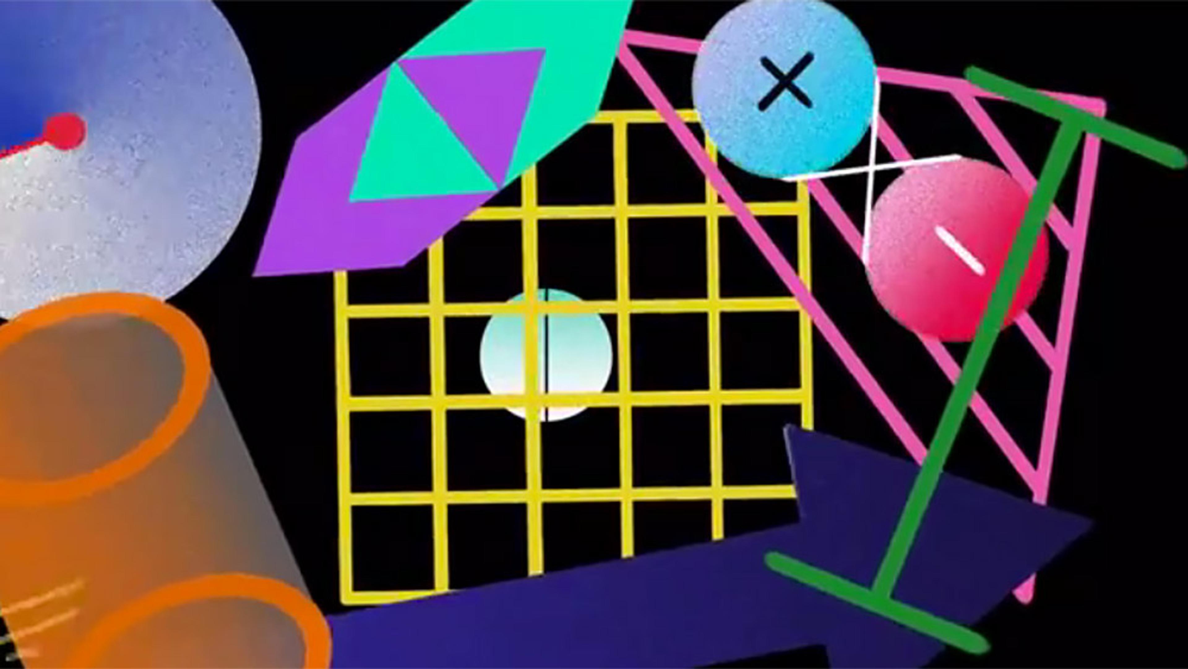 Abstract digital artwork with geometric shapes including circles, grids, and triangles in bright colours on a black background.