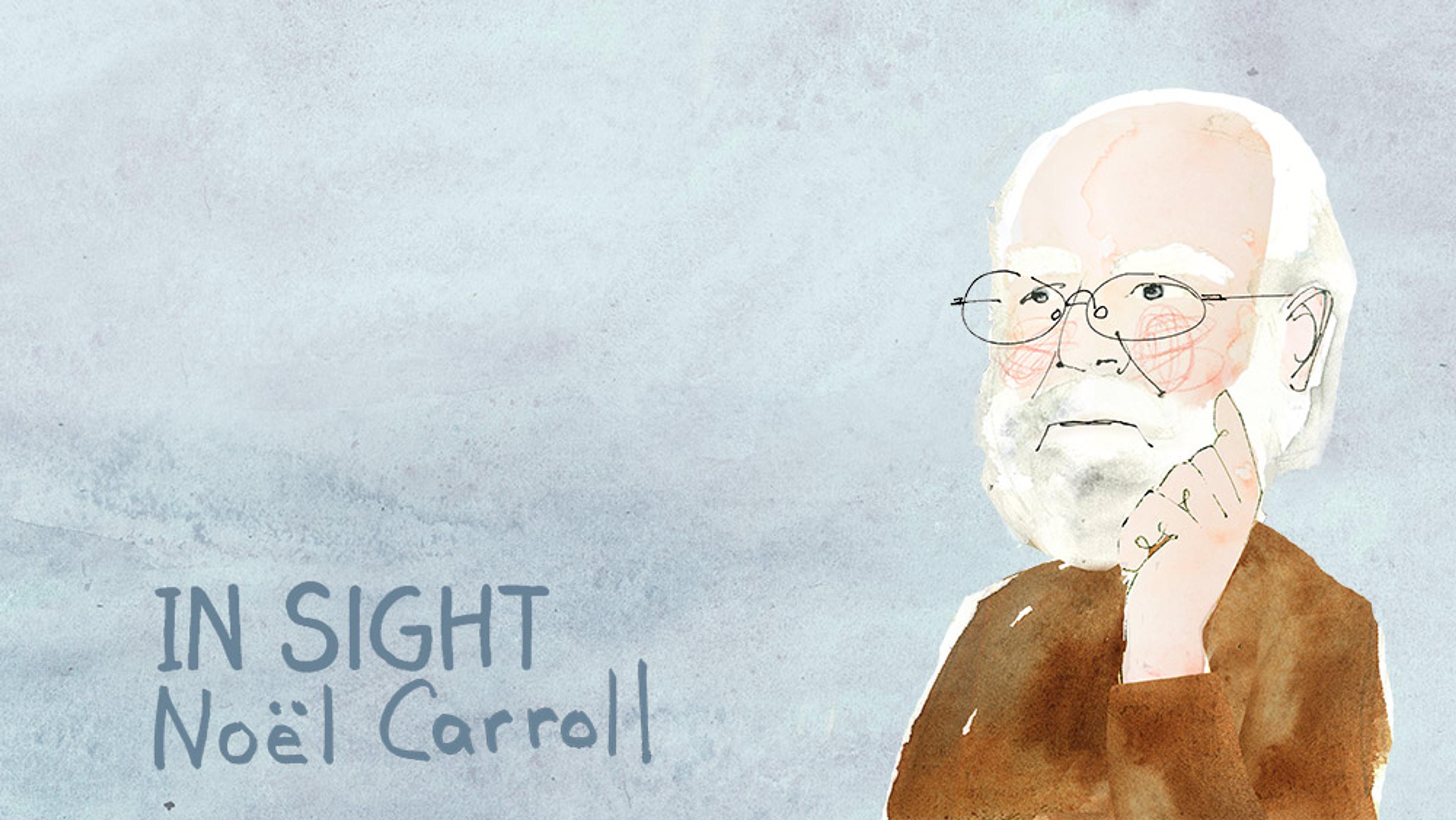 Watercolour illustration of an elderly man with glasses and a white beard, with the text “IN SIGHT Noël Carroll” on a pale background.