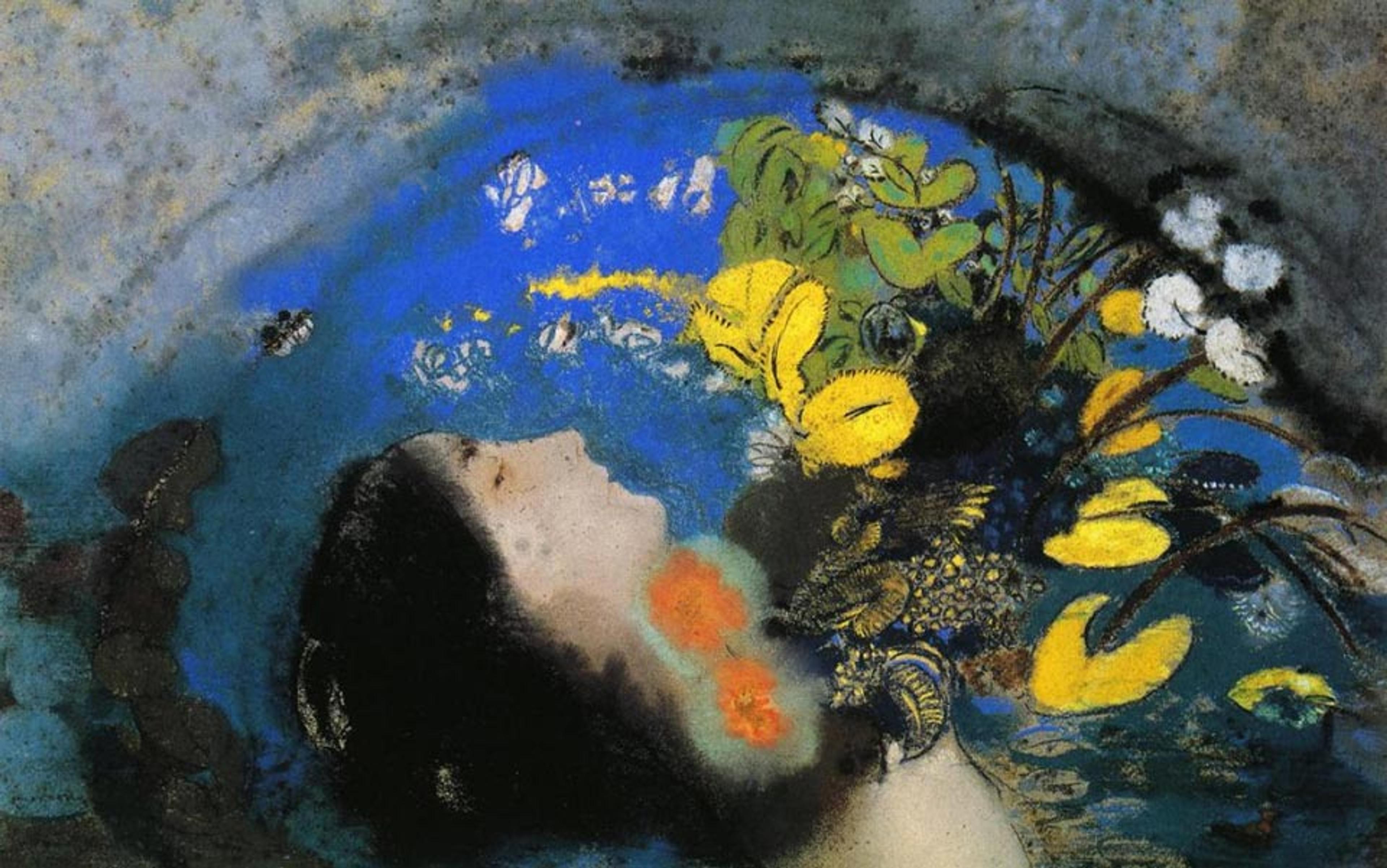 Painting of a person with closed eyes lying in water and vibrant flowers. The background features blue, green and yellow hues.