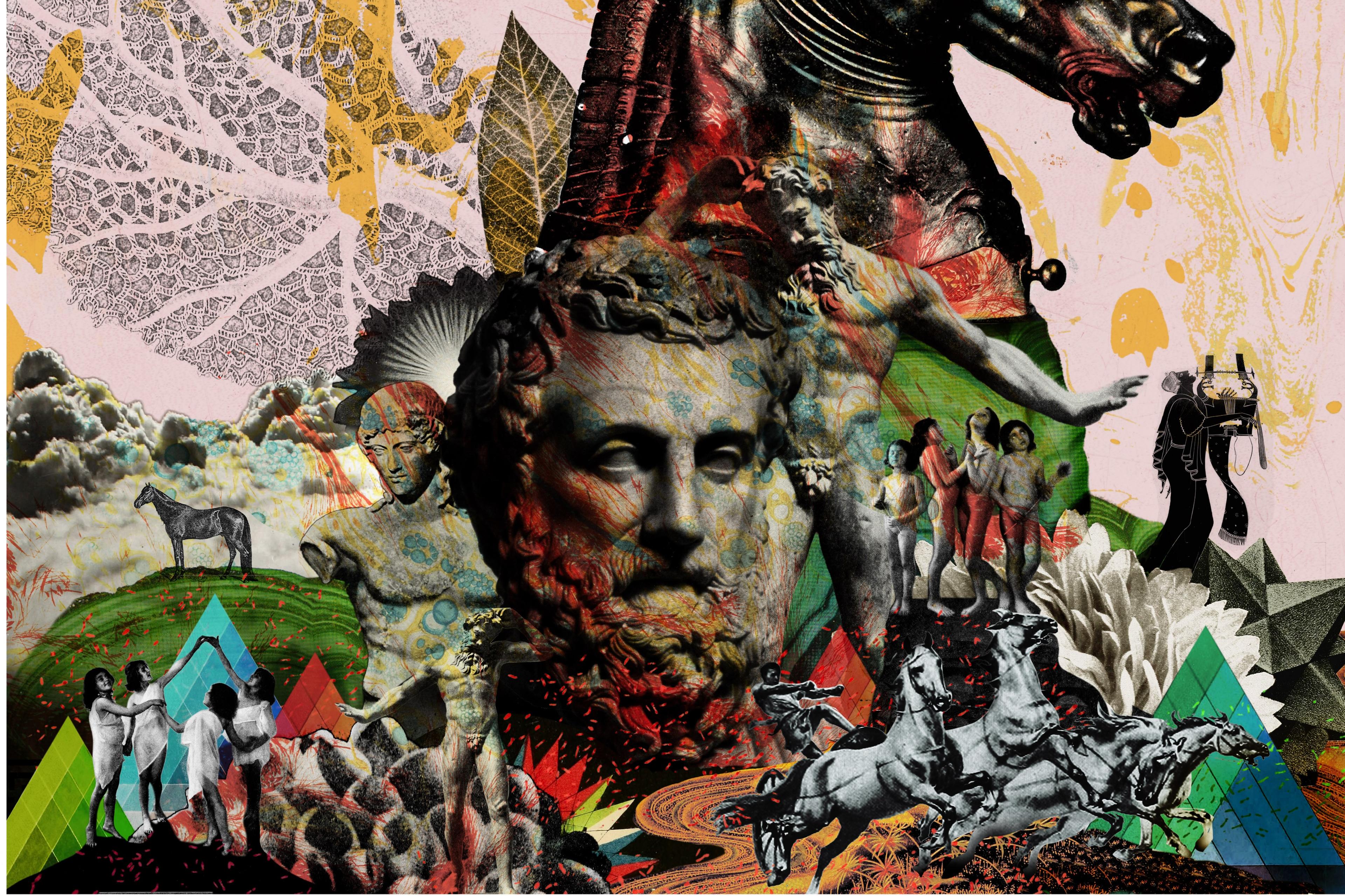 Abstract collage with statues, a horse head and surreal elements in a vibrant mash-up of historical and dreamlike imagery.