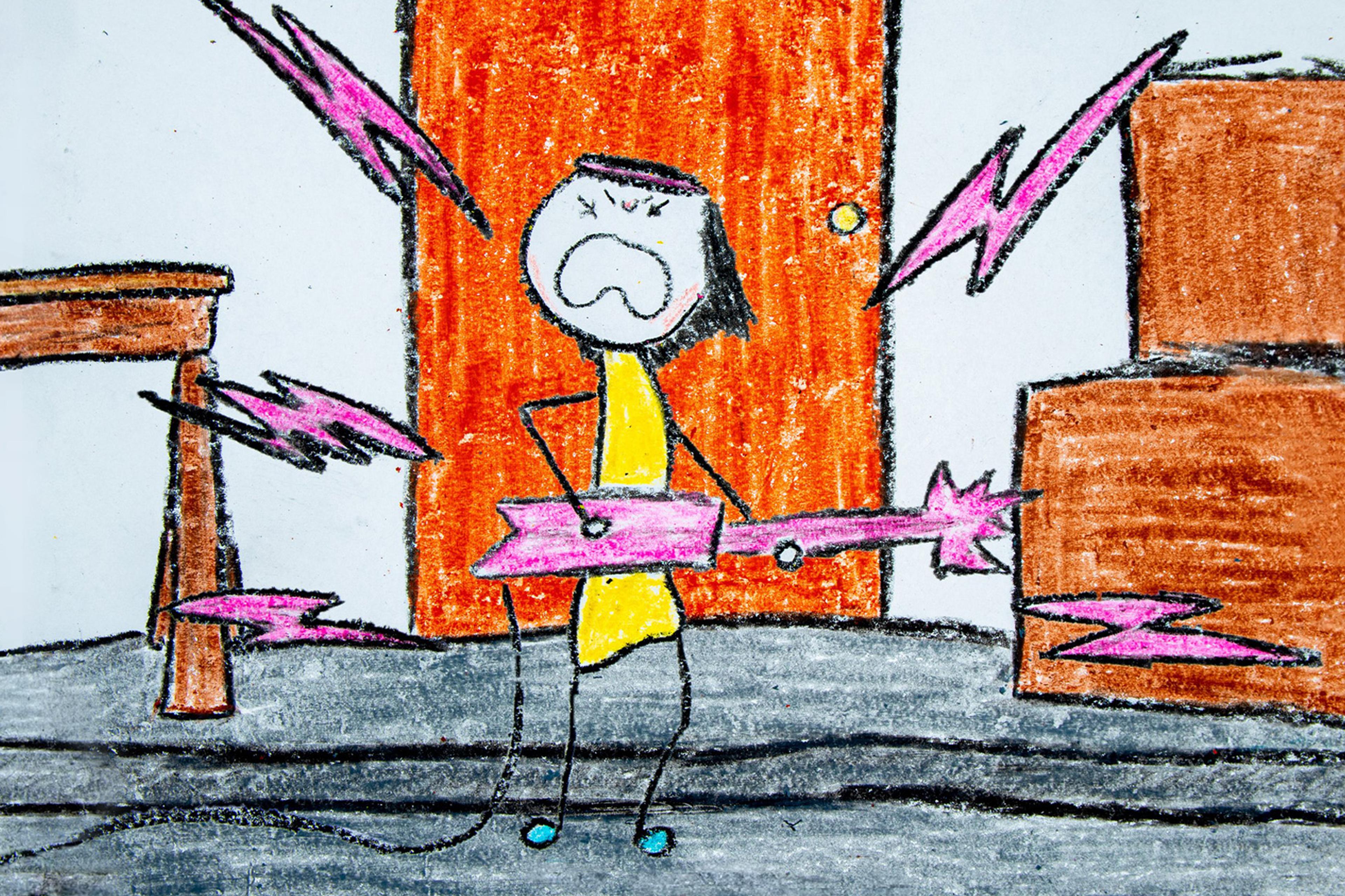 A child’s drawing of a person in front of a red door, playing a pink electric guitar with lightning bolts around them.