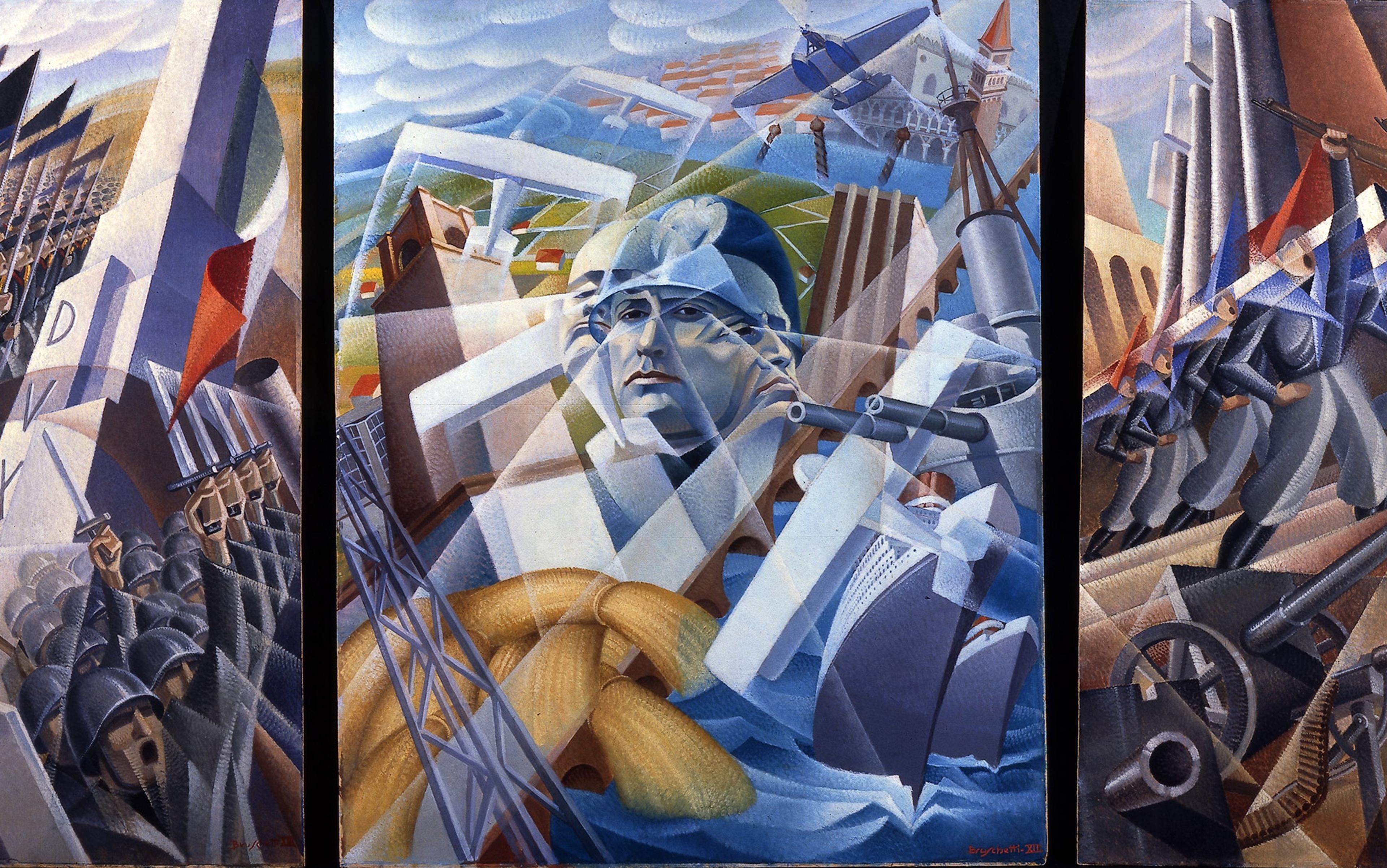 A Cubist painting depicting soldiers, machinery and a central figure with a sextant featuring fragmented geometric shapes and vibrant colours.