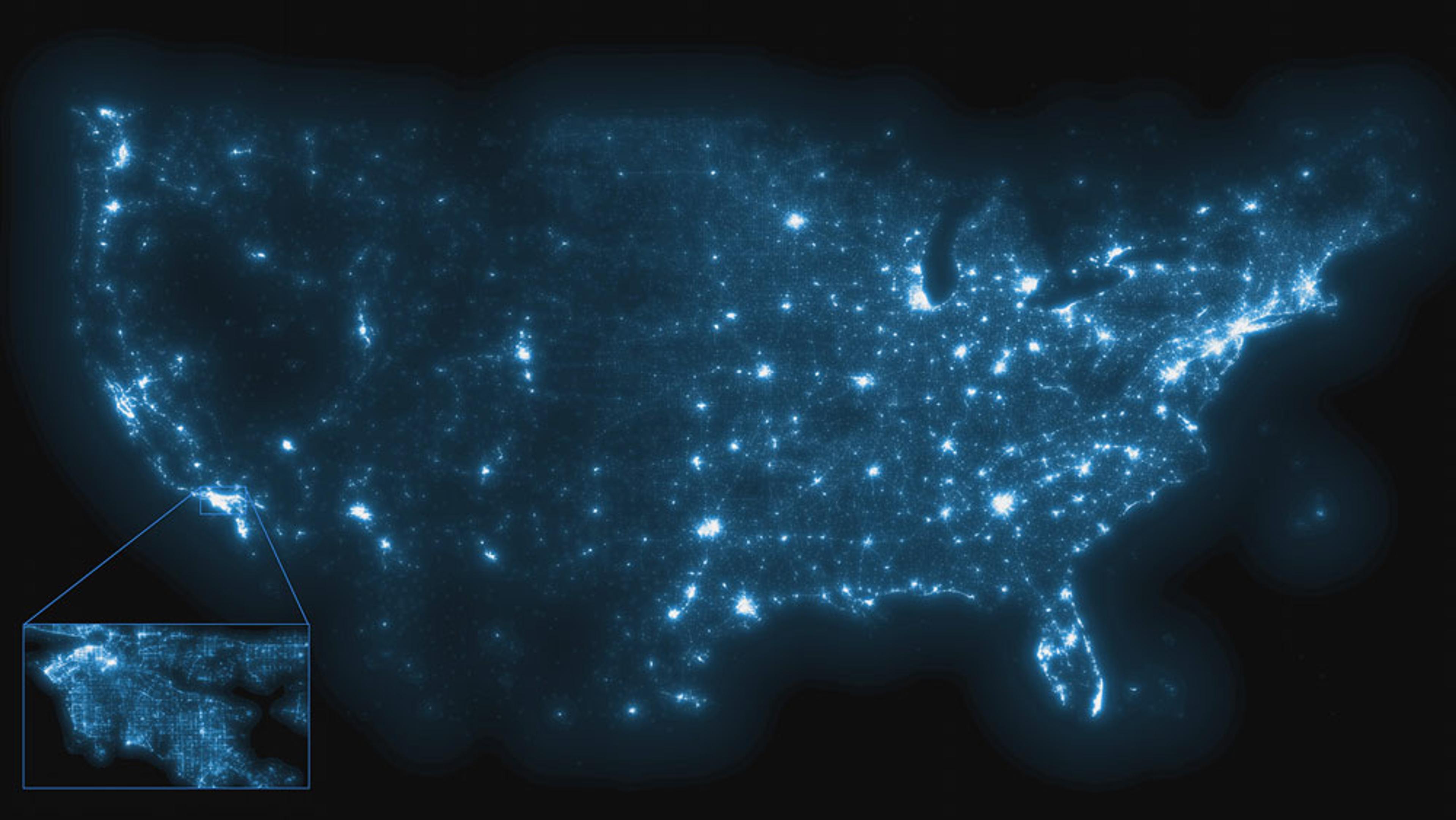 Map of the United States at night in blue highlighting areas of high activity, with a close-up inset of a region in the bottom-left.