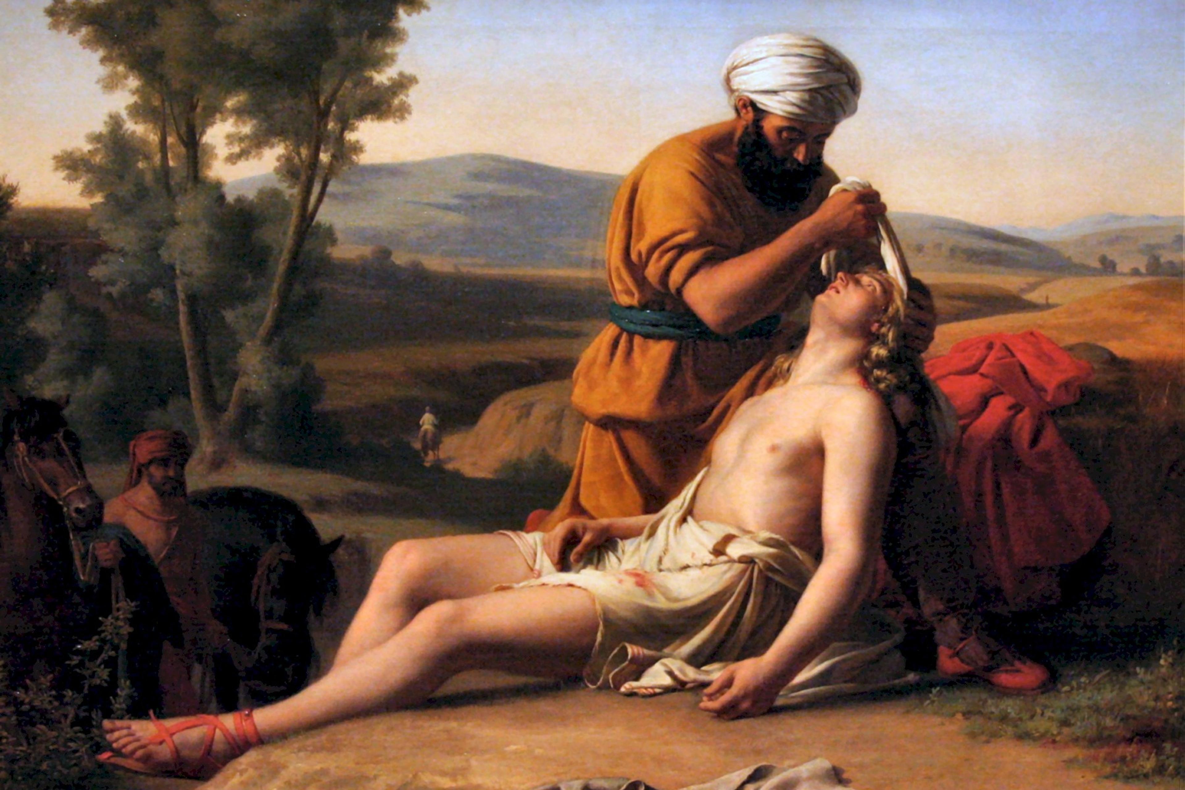 Painting of a man with a dark beard and cloth headwear aiding an injured man wearing a toga in a pastoral landscape with horses and a rider in the background.