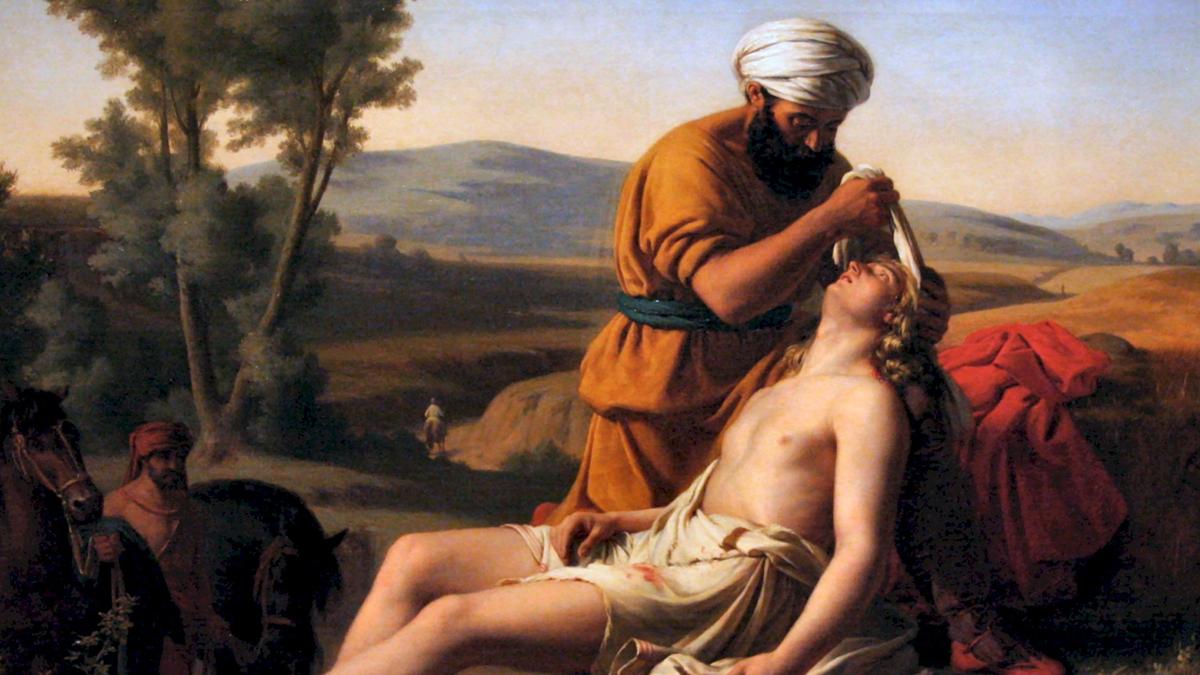 Painting of a man with a dark beard and cloth headwear aiding an injured man wearing a toga in a pastoral landscape with horses and a rider in the background.