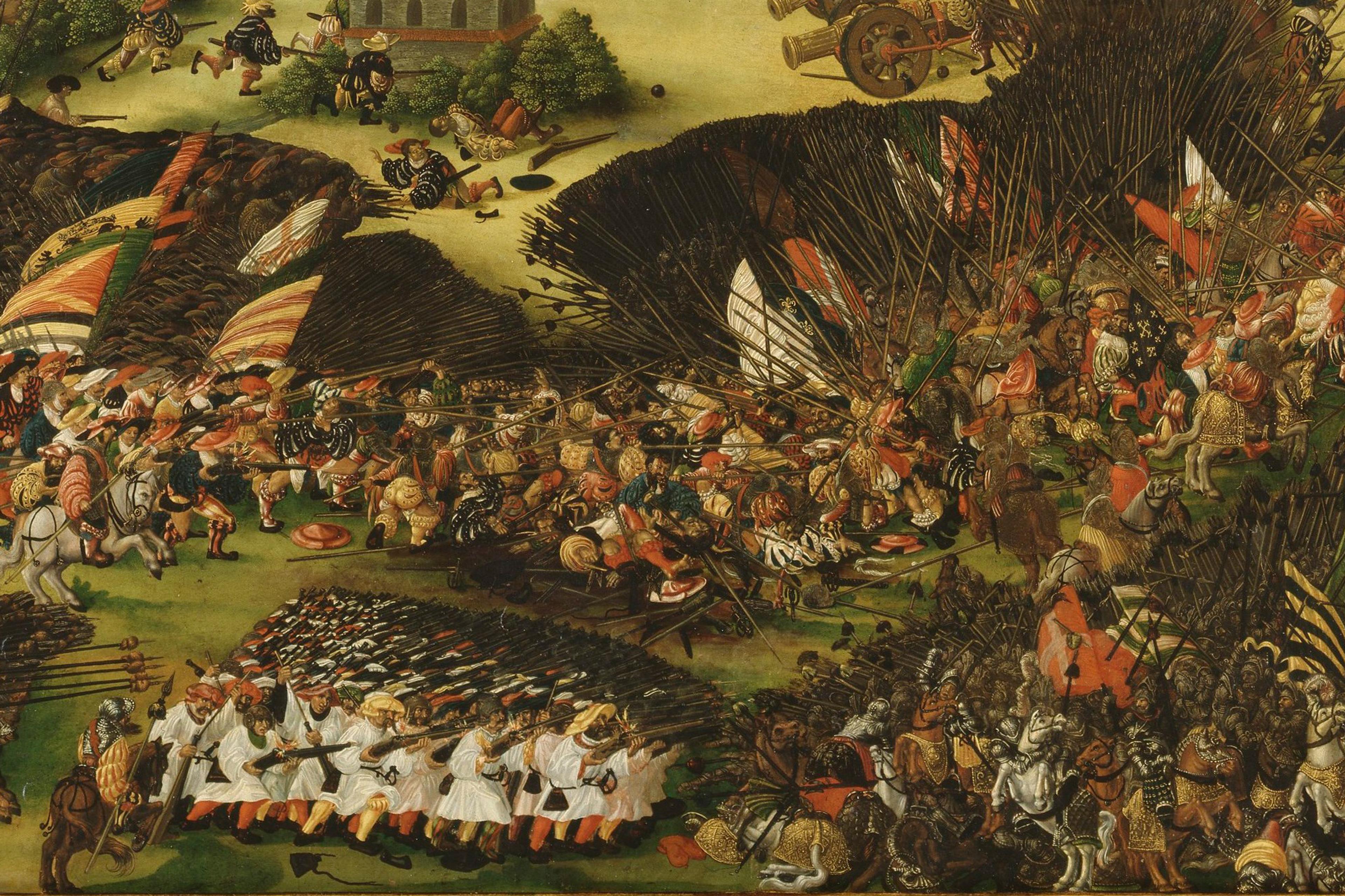 A detailed painting of a historic battle scene with soldiers, horses and weapons in action, featuring vibrant colours and intricate detail.