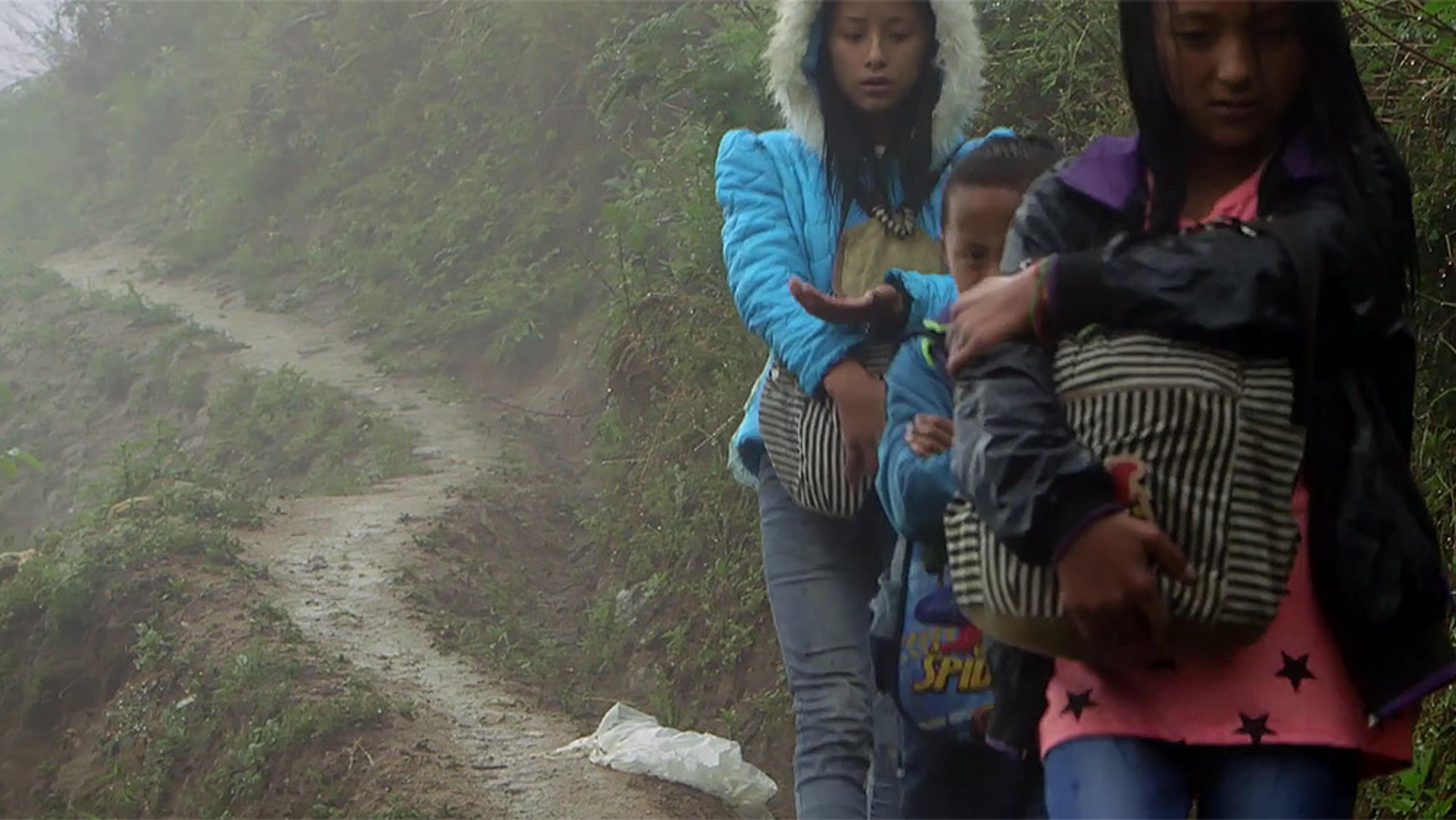Three children walking on a narrow misty hillside path carrying bags, wearing jackets, the path bordered by green foliage.