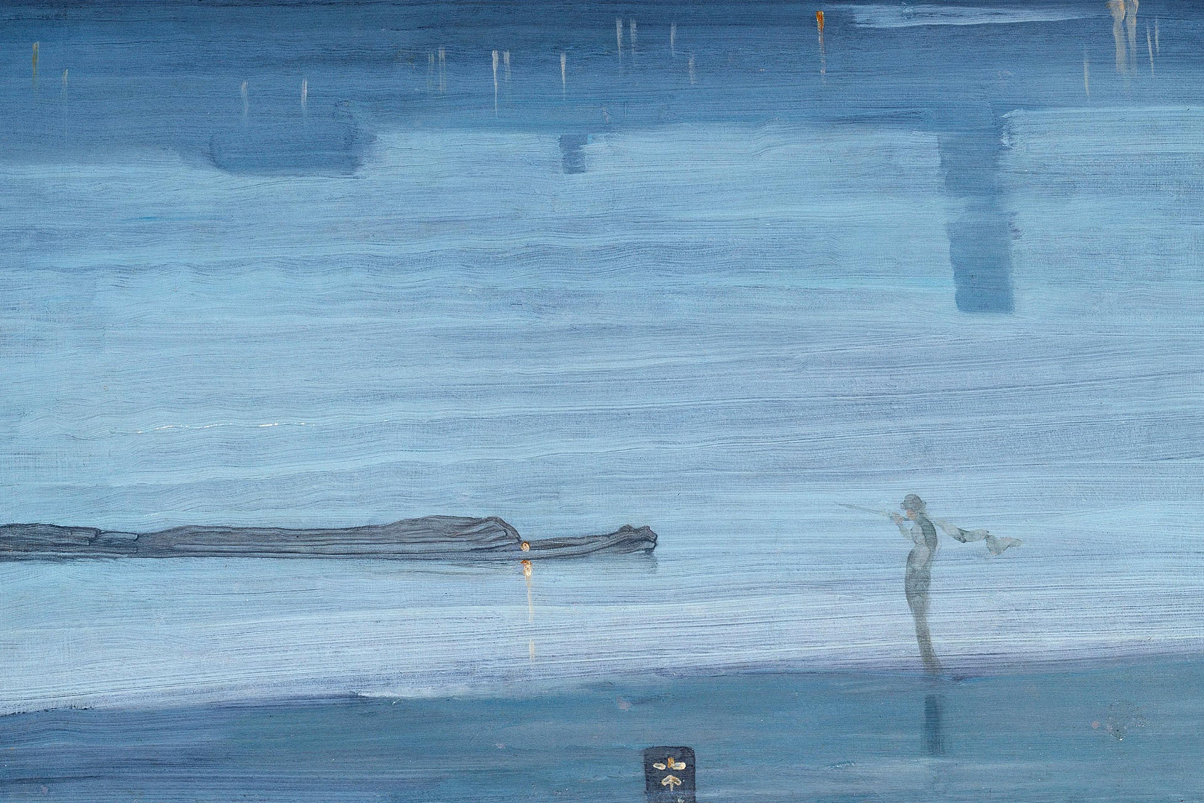 Impressionist painting of a figure standing by the sea, observing a distant boat. The scene is enveloped in blue tones with a serene, misty atmosphere.