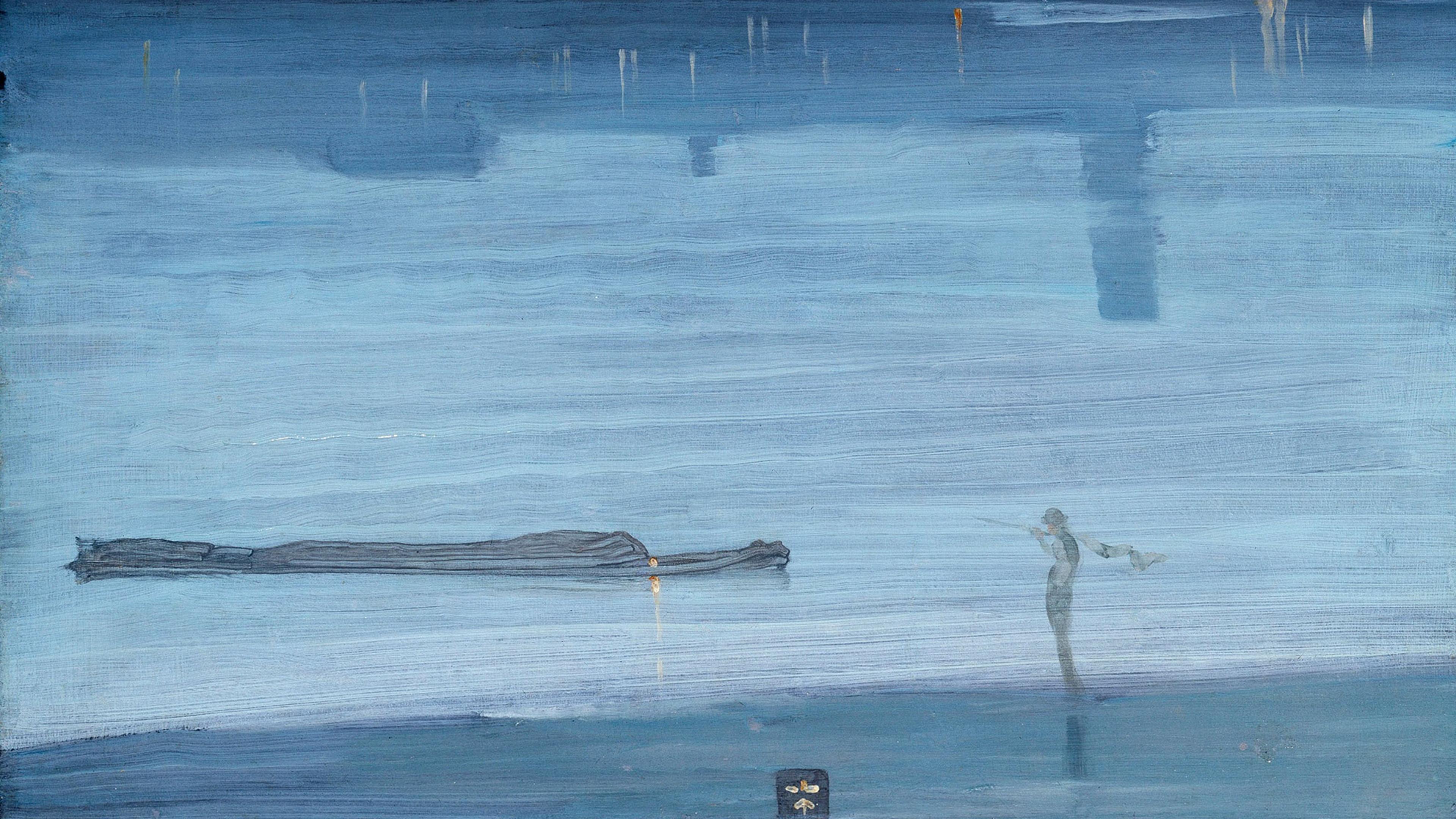 Impressionist painting of a figure standing by the sea, observing a distant boat. The scene is enveloped in blue tones with a serene, misty atmosphere.