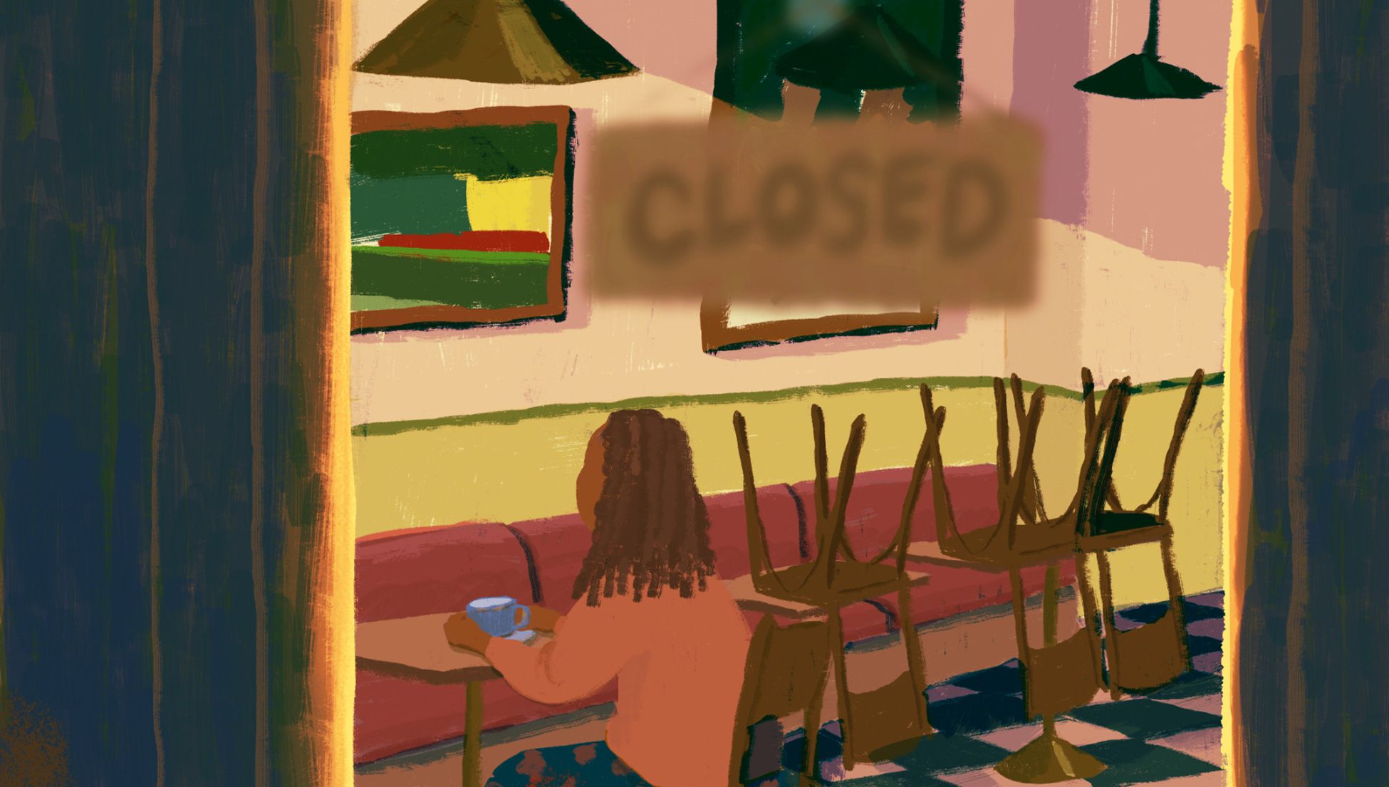 Illustration of a closed café with a person sitting alone, chairs stacked, abstract art on walls, dimly lit interior.