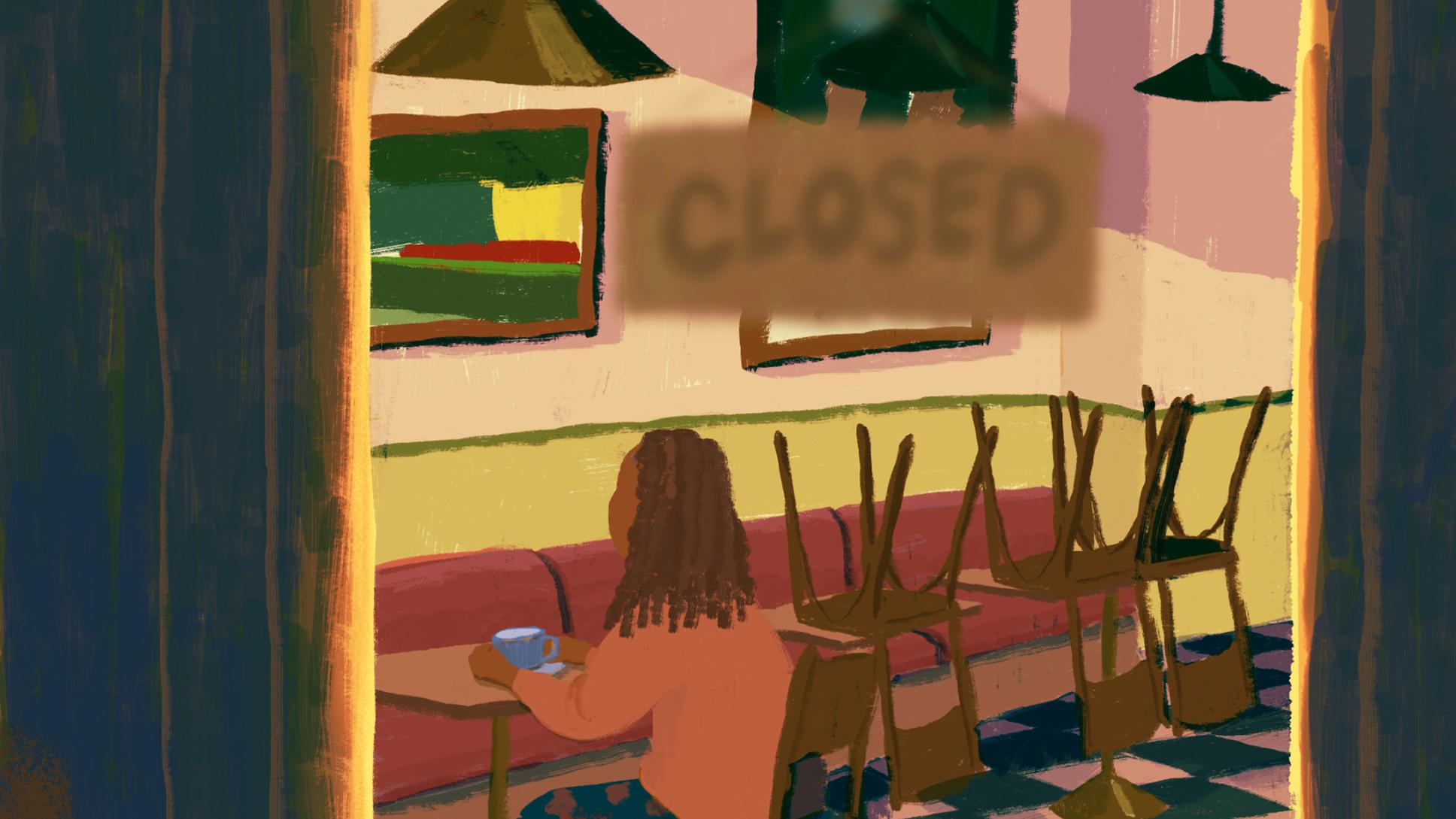 Illustration of a closed café with a person sitting alone, chairs stacked, abstract art on walls, dimly lit interior.