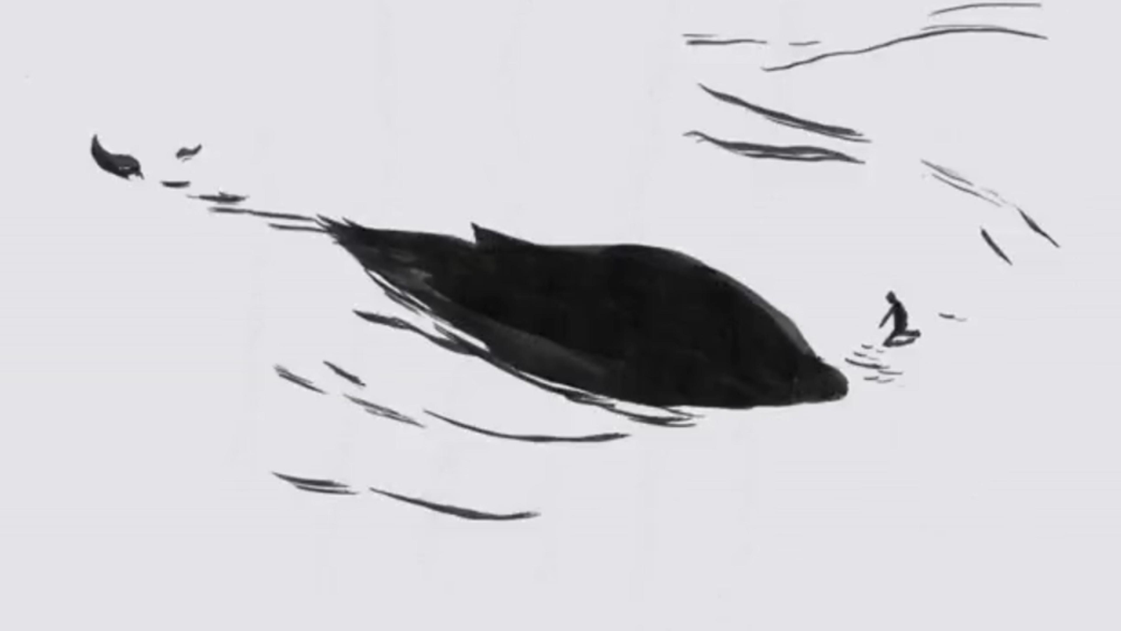 Painting of a large black whale-like shape in water with a solitary small figure in a boat nearby, minimalistic black and white style.