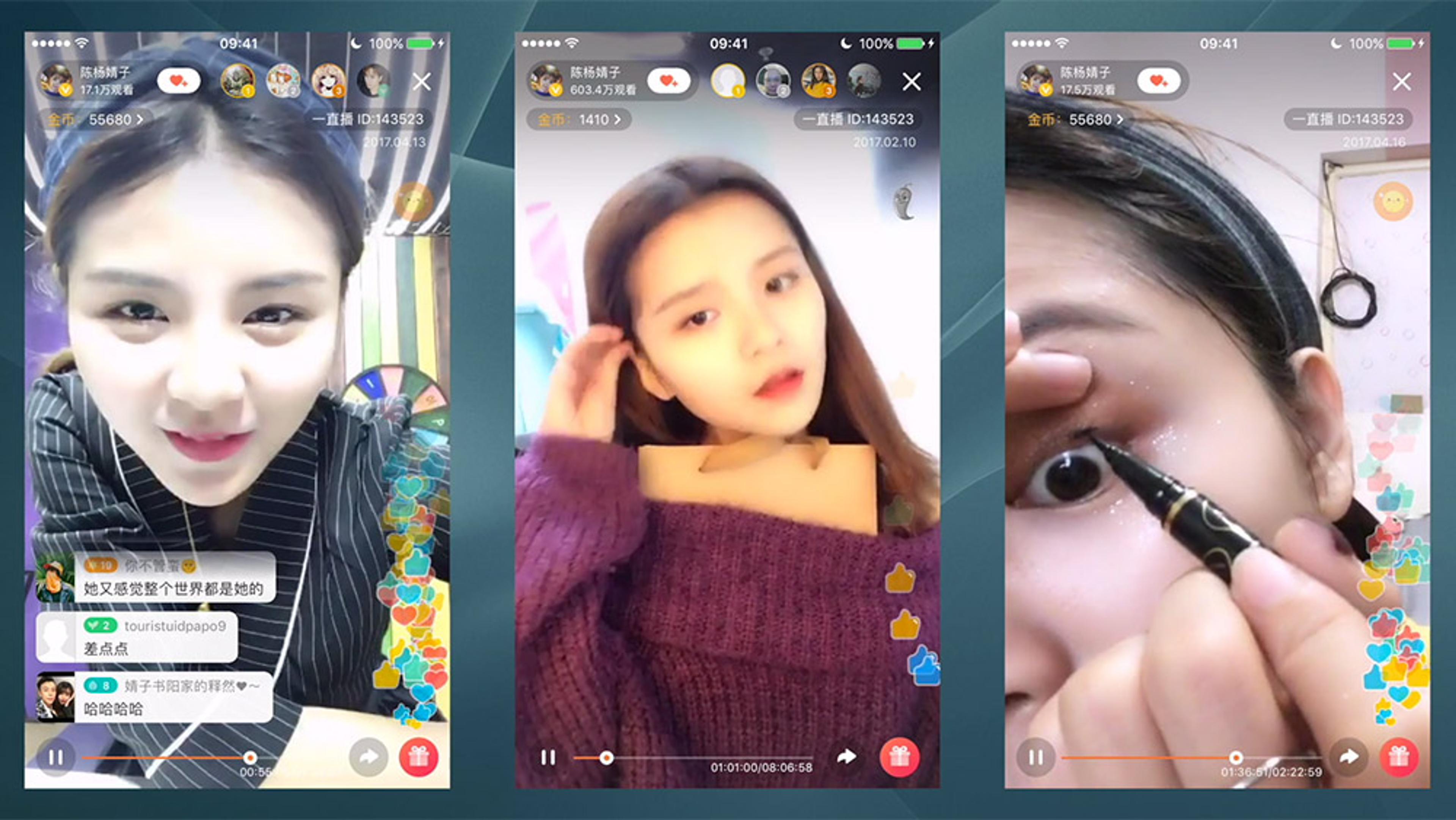 Screenshots of three live video streams from a mobile app showing different women engaging with the camera and audience.