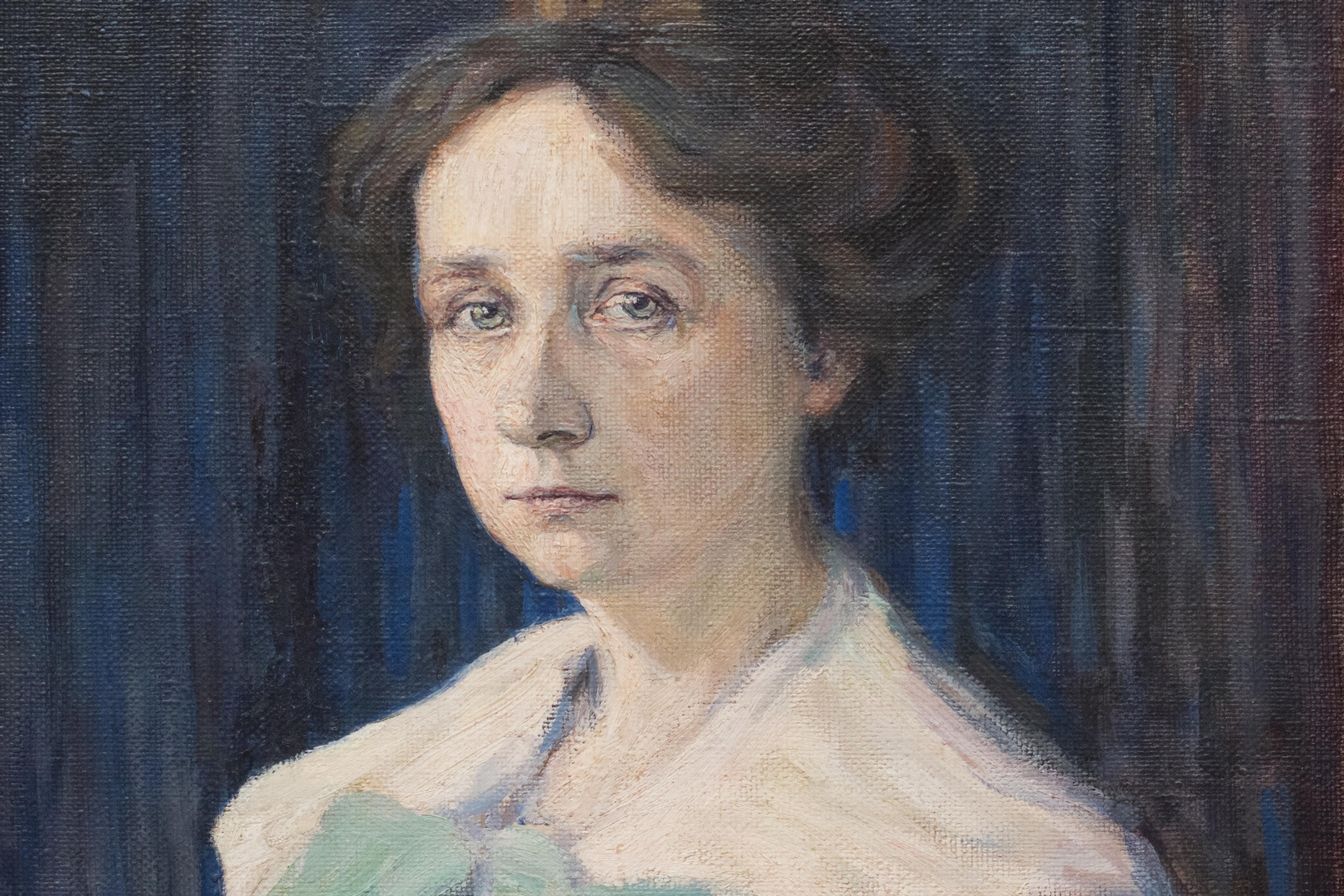 A painting of a woman with brown hair in a white blouse with a large green bow against a dark blue background.