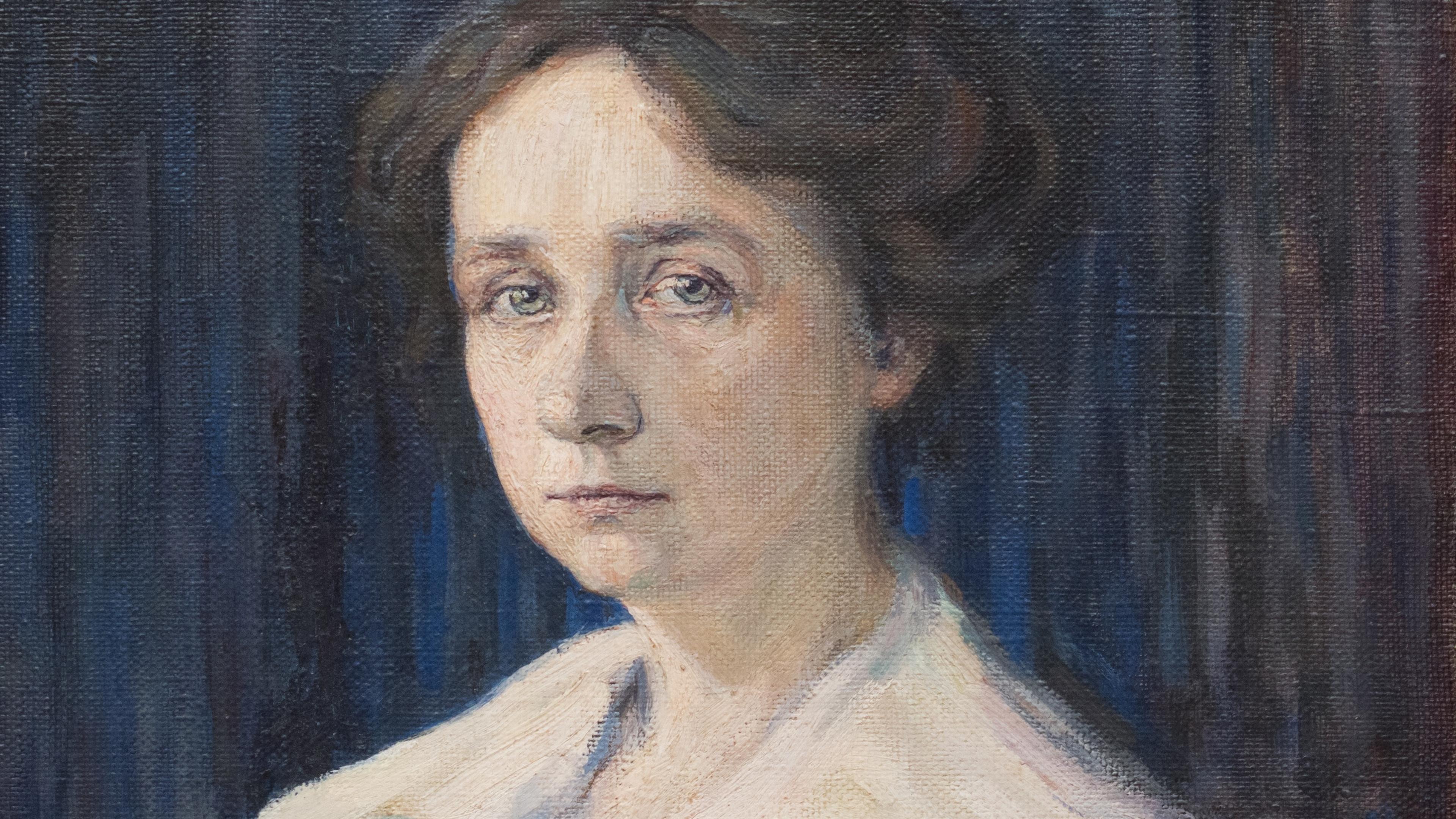 A painting of a woman with brown hair in a white blouse with a large green bow against a dark blue background.