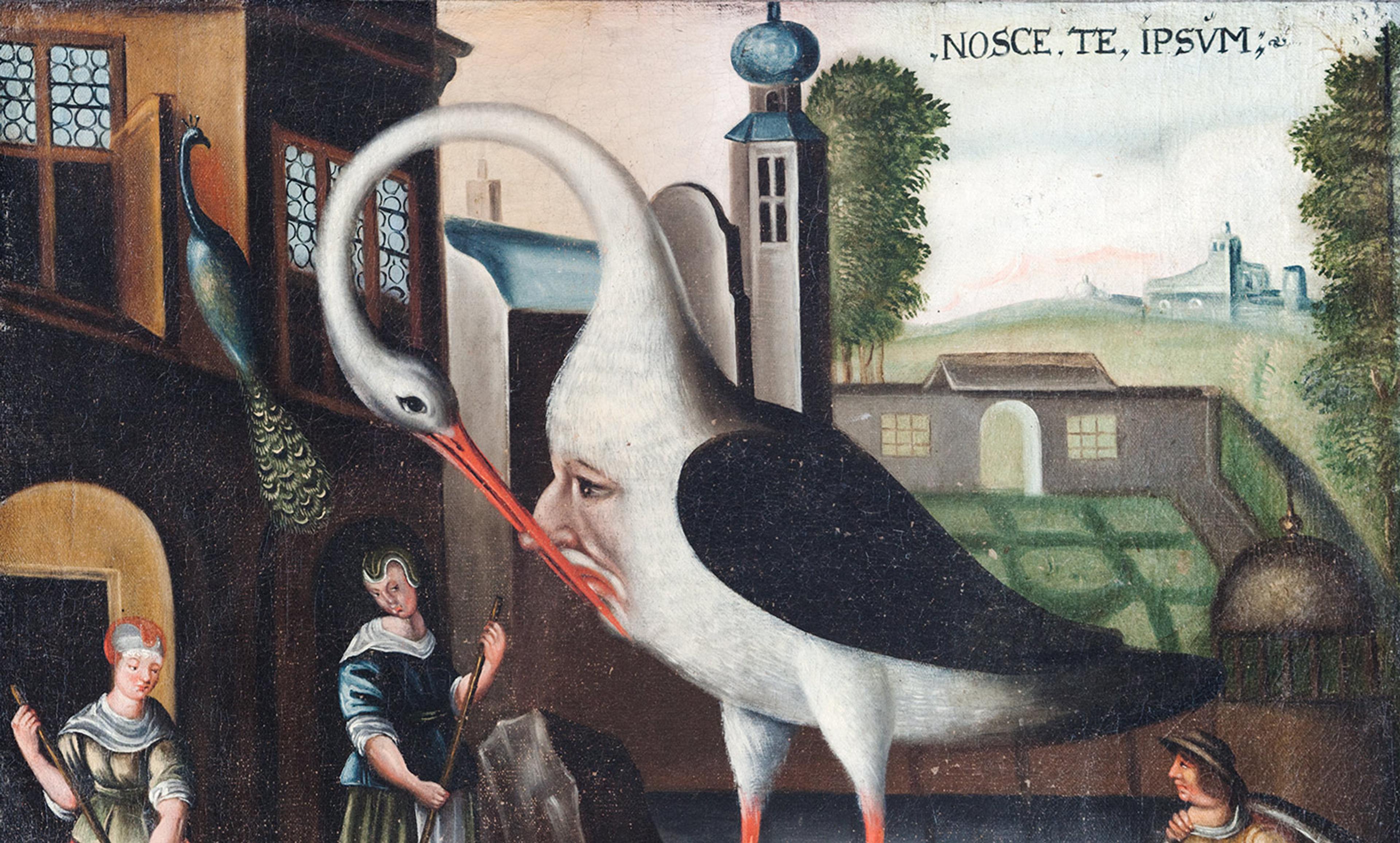 Surreal painting of a bird with a human face and elongated neck, surrounded by people, peacocks and a building with text “NOSCE TE IPSUM.”