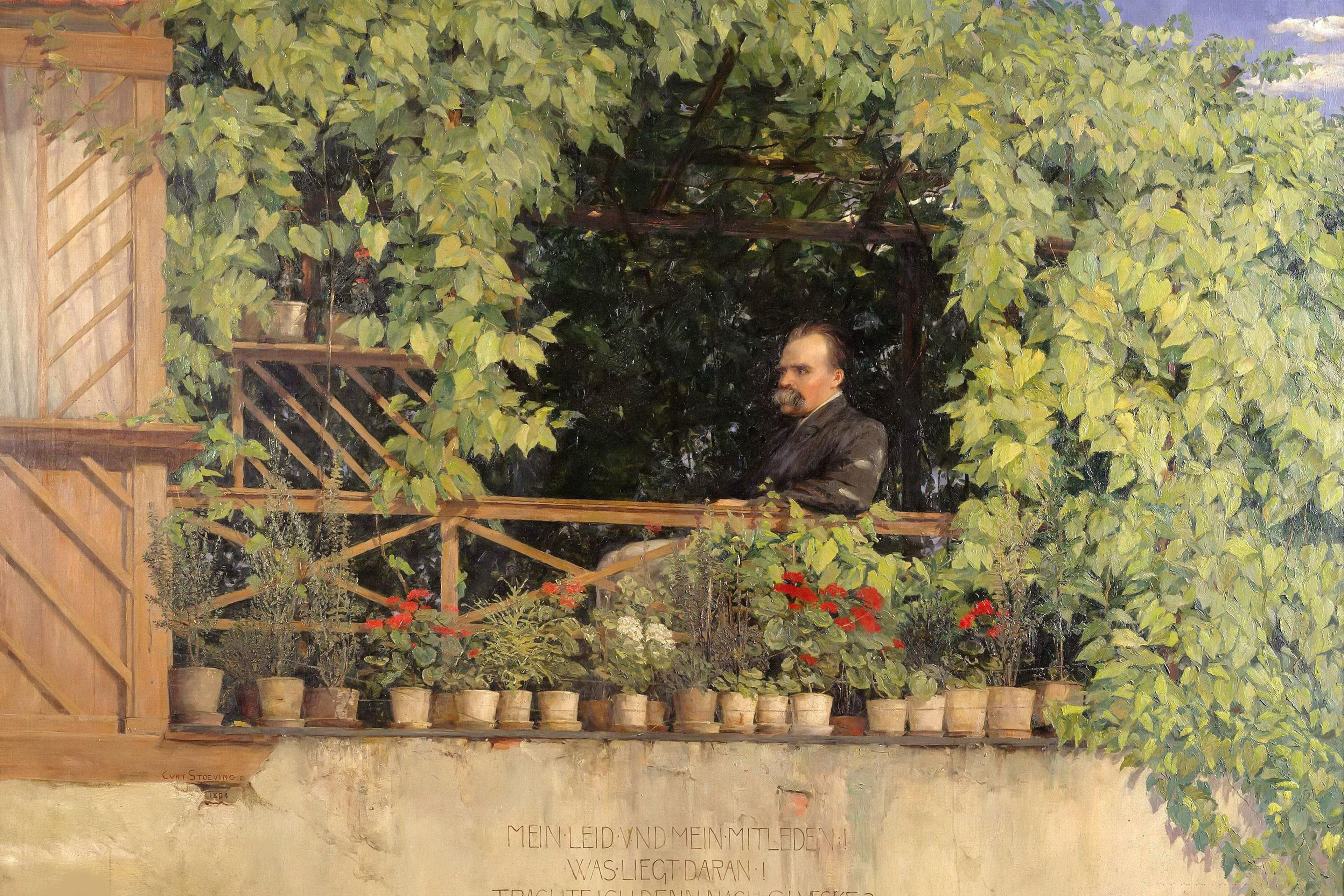 Painting of a man on a leafy balcony with potted plants and German text on the wall below.