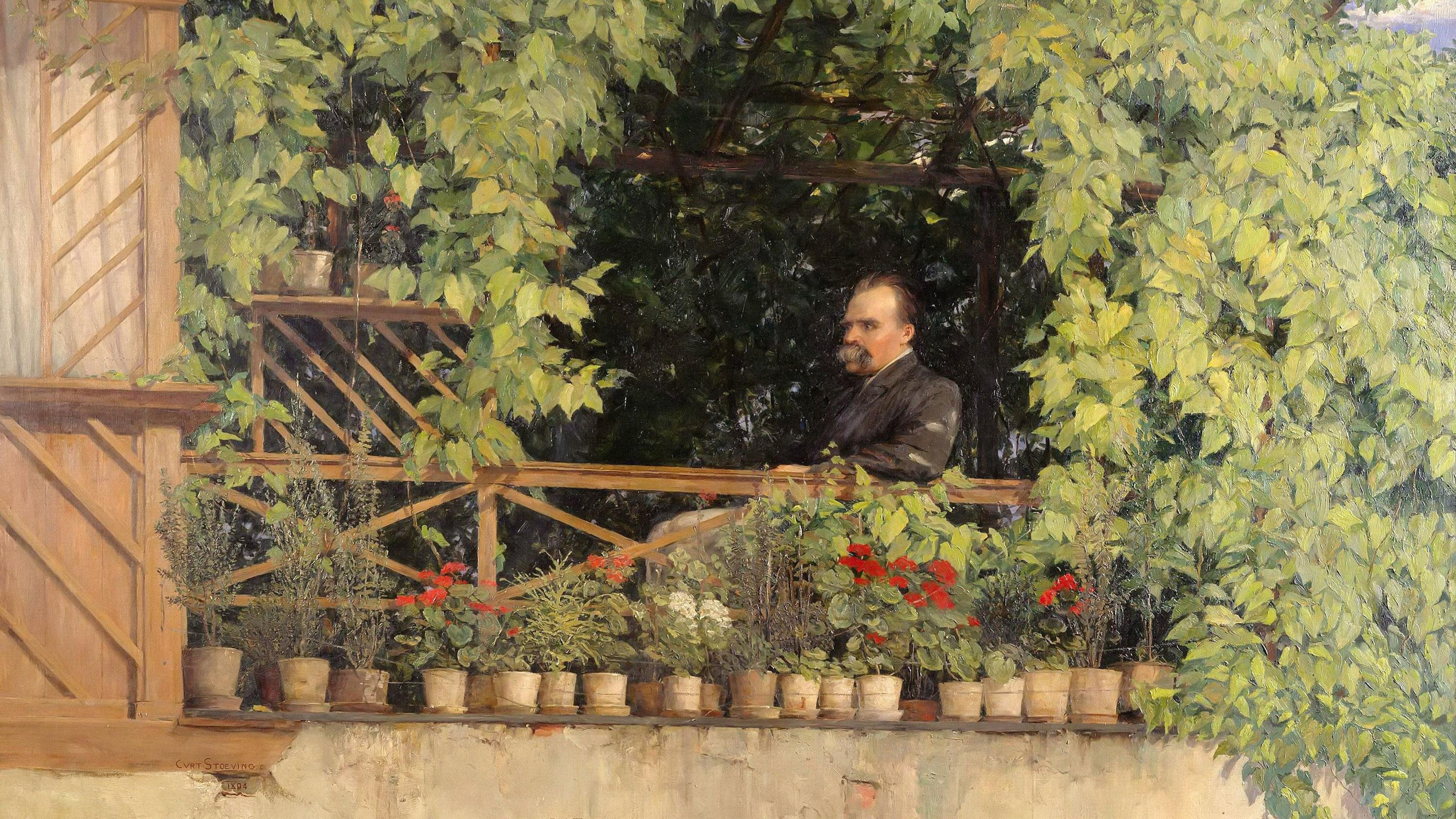 Painting of a man on a leafy balcony with potted plants and German text on the wall below.