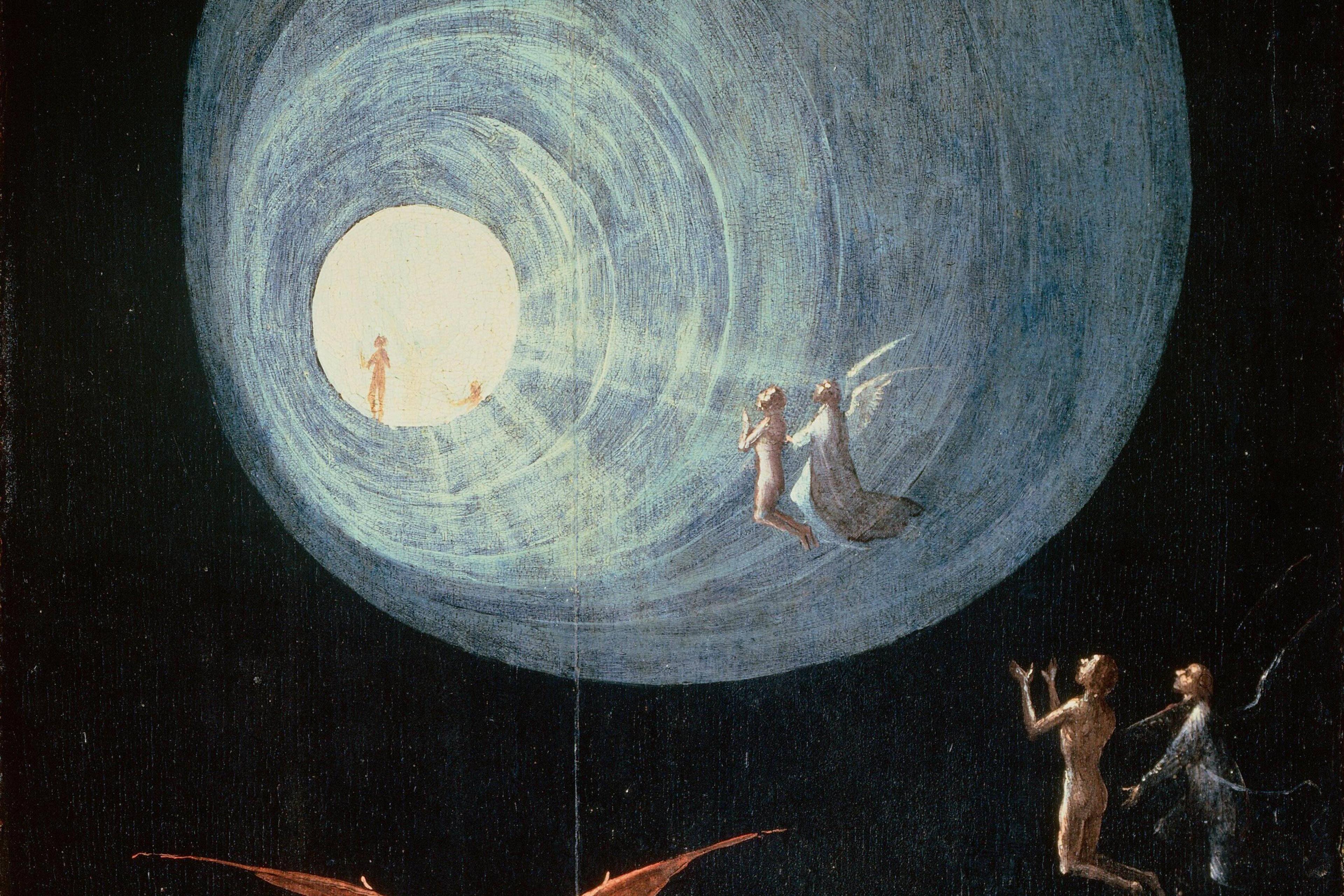 Painting of figures being guided by angels through a tunnel of light in a dark, ethereal setting.