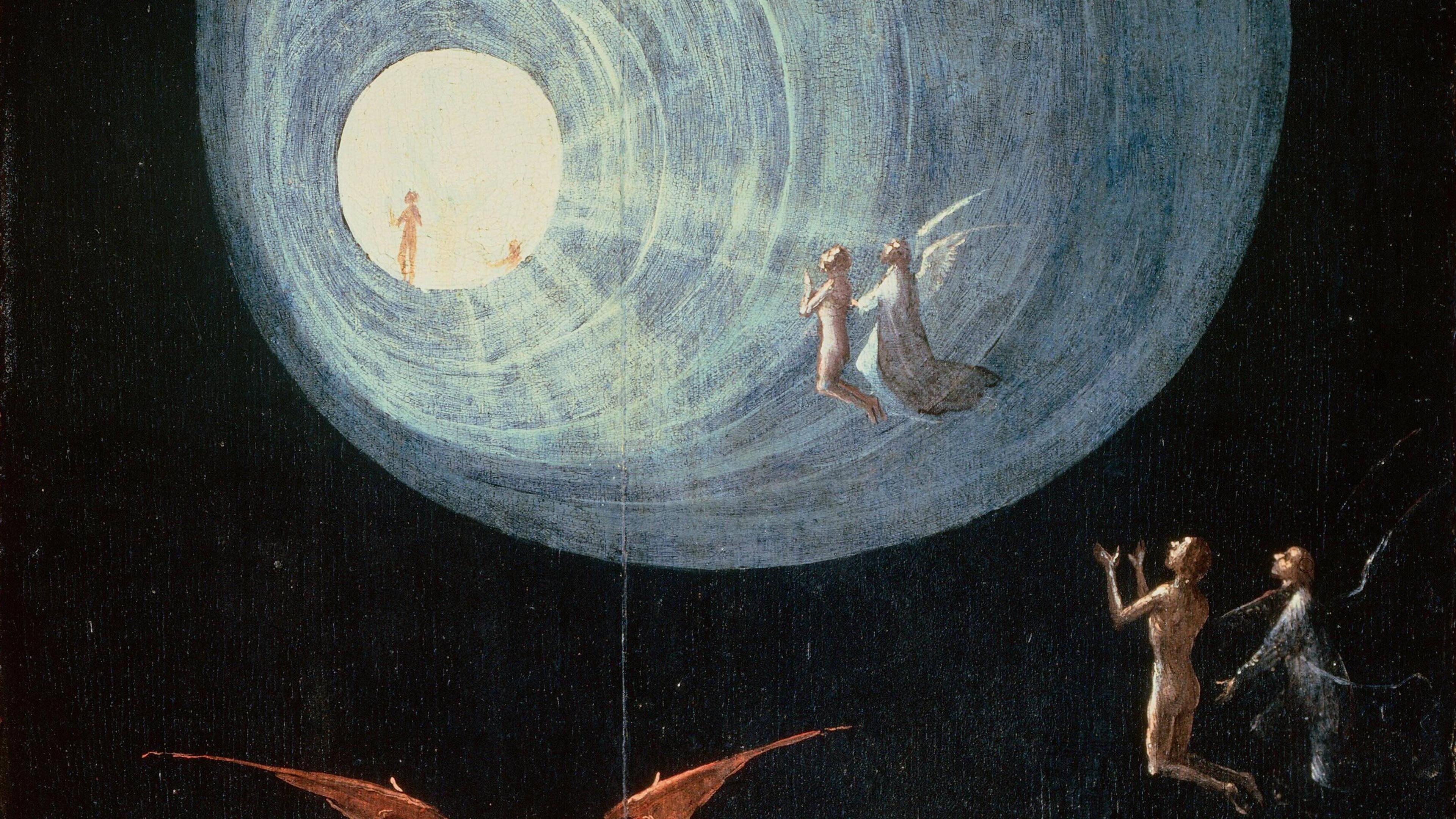 Painting of figures being guided by angels through a tunnel of light in a dark, ethereal setting.