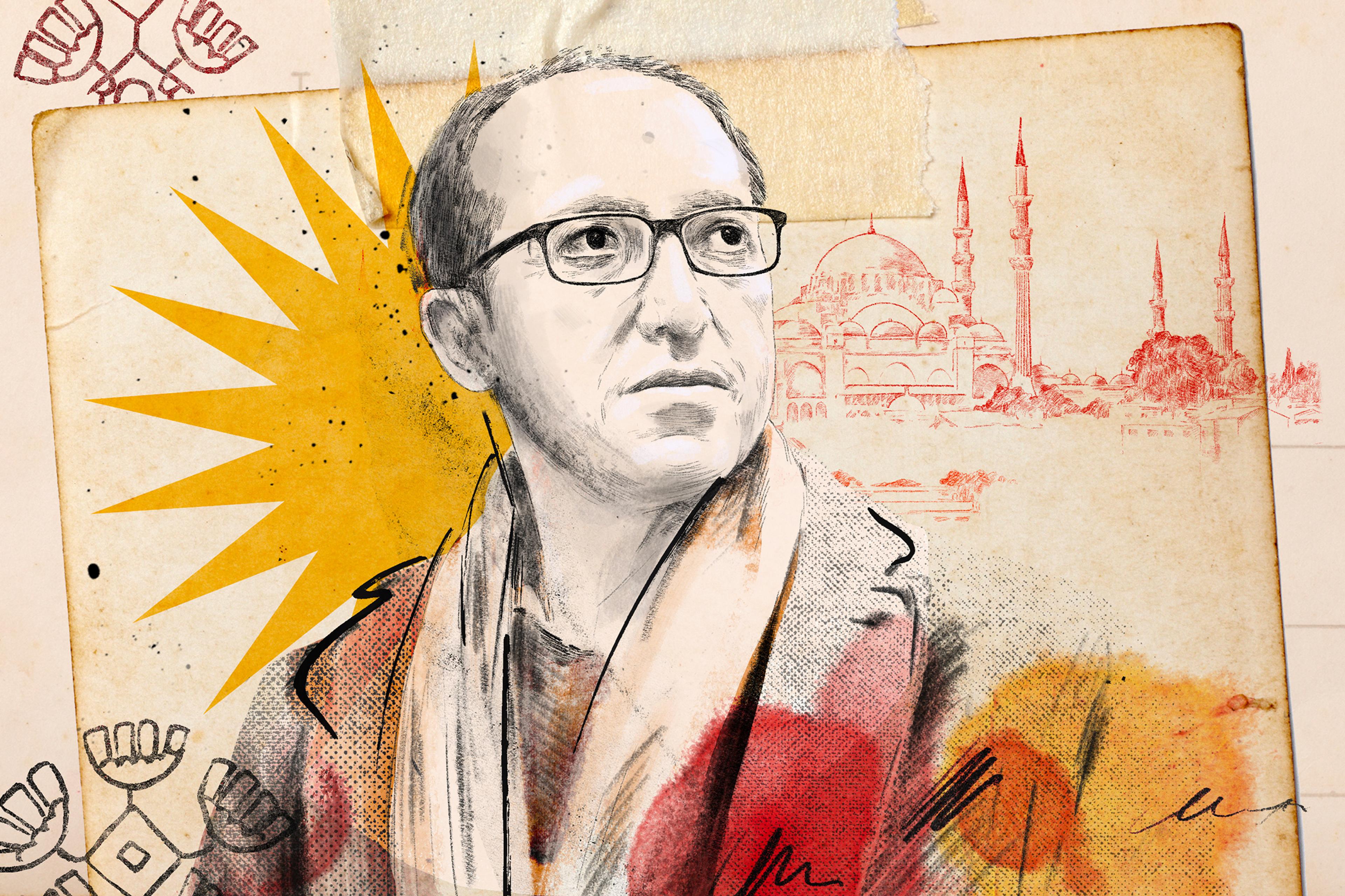 Illustration of a man in glasses with a yellow starburst background mosque sketch and abstract patterns