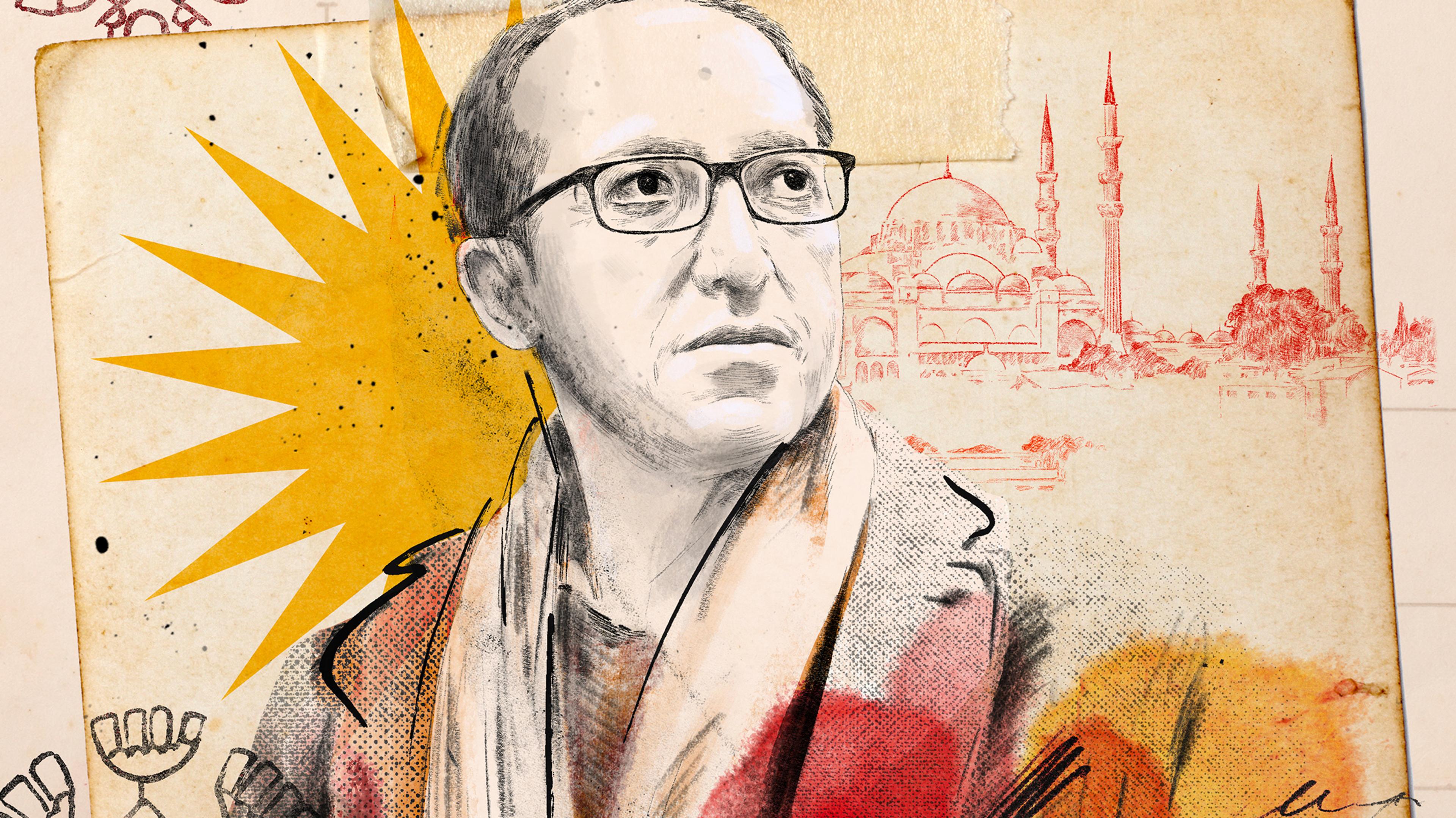 Illustration of a man in glasses with a yellow starburst background mosque sketch and abstract patterns