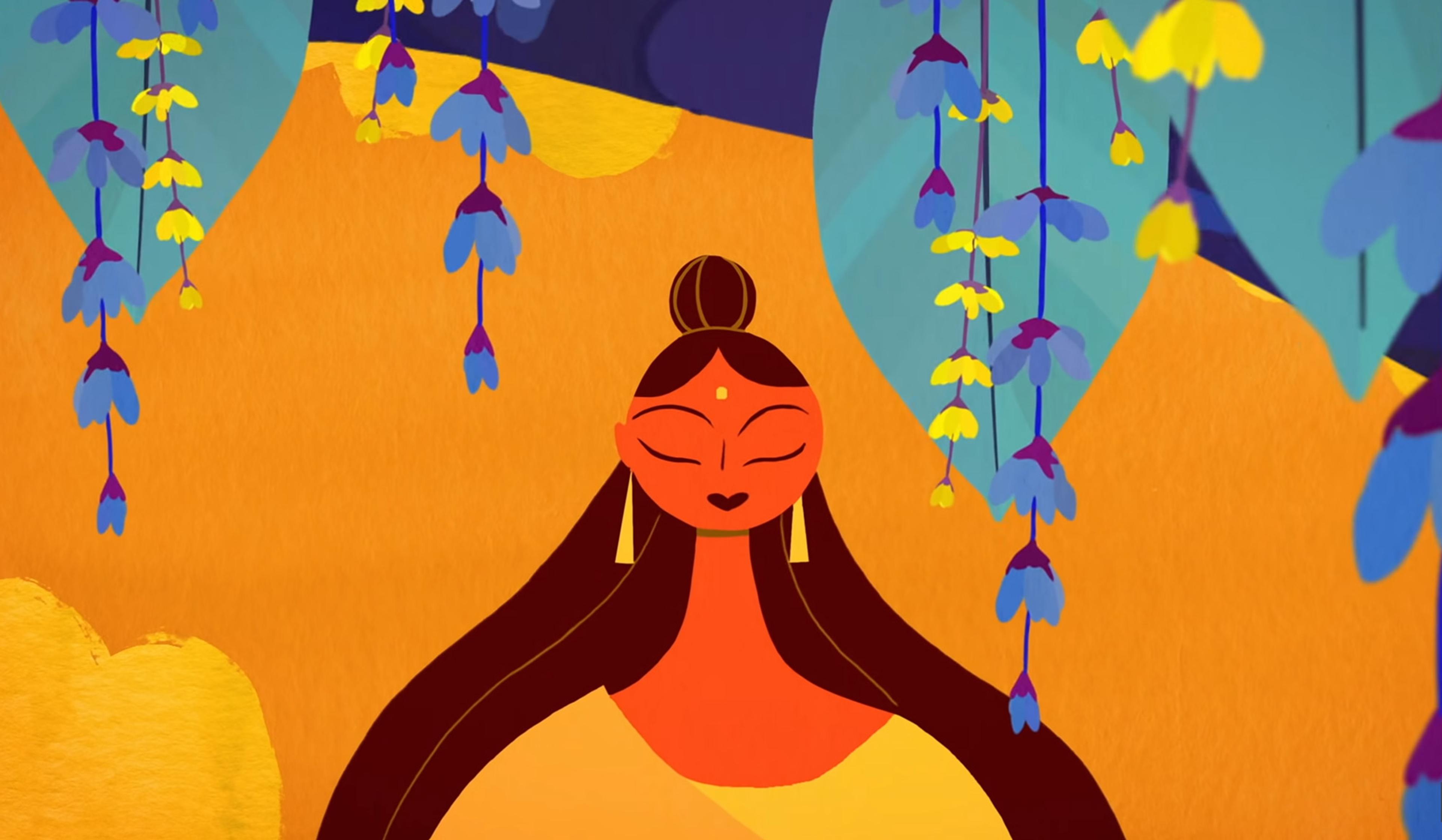 Abstract illustration featuring a serene, meditating woman with closed eyes and flowing hair, surrounded by hanging blue and yellow flowers.