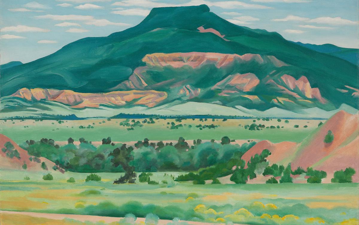 Painting of a green and pink landscape with a prominent flat-topped mountain and a cloudy sky in the background.