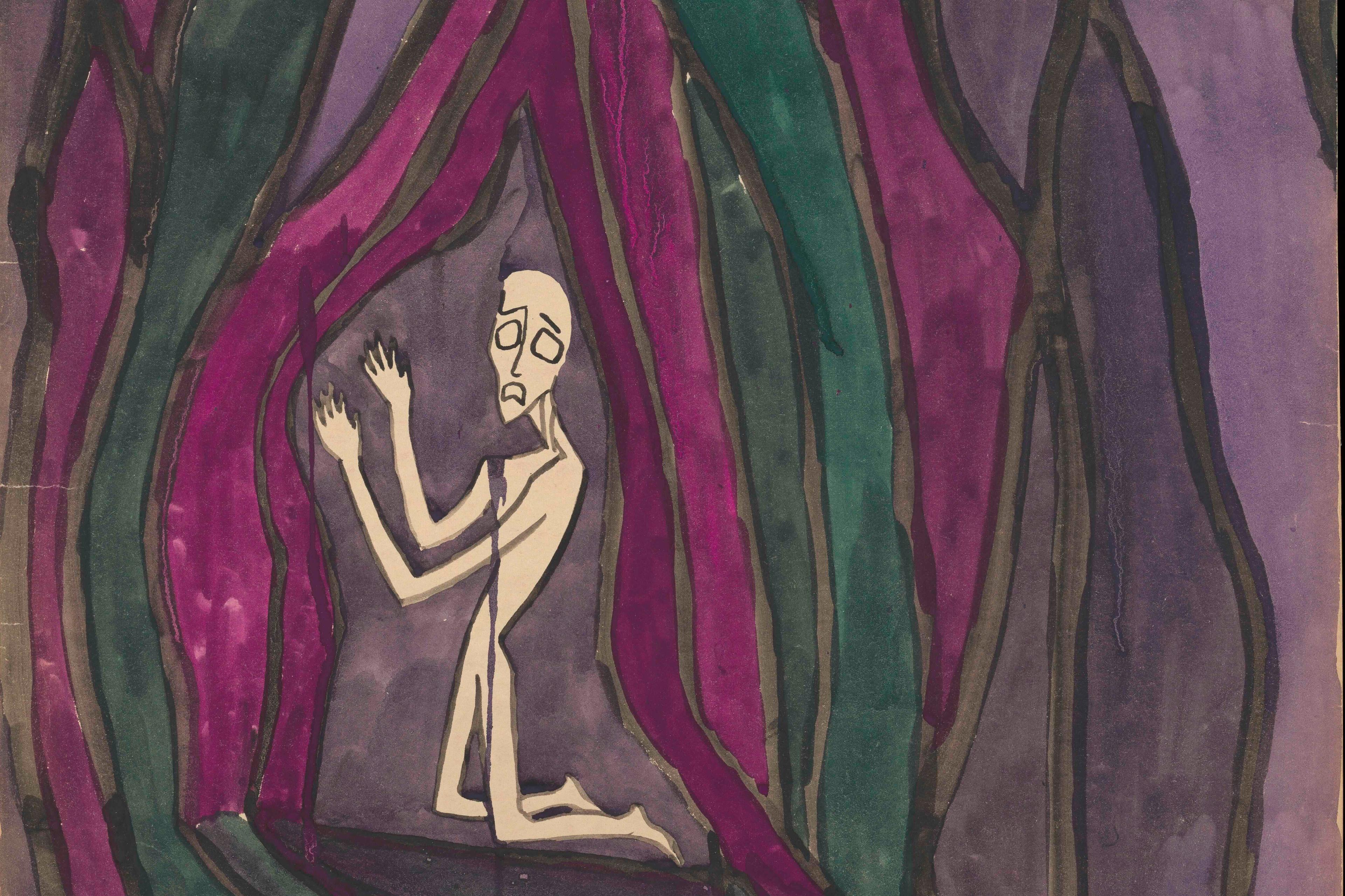 Expressionist painting of a figure kneeling inside vibrant layered shapes in green and purple tones.