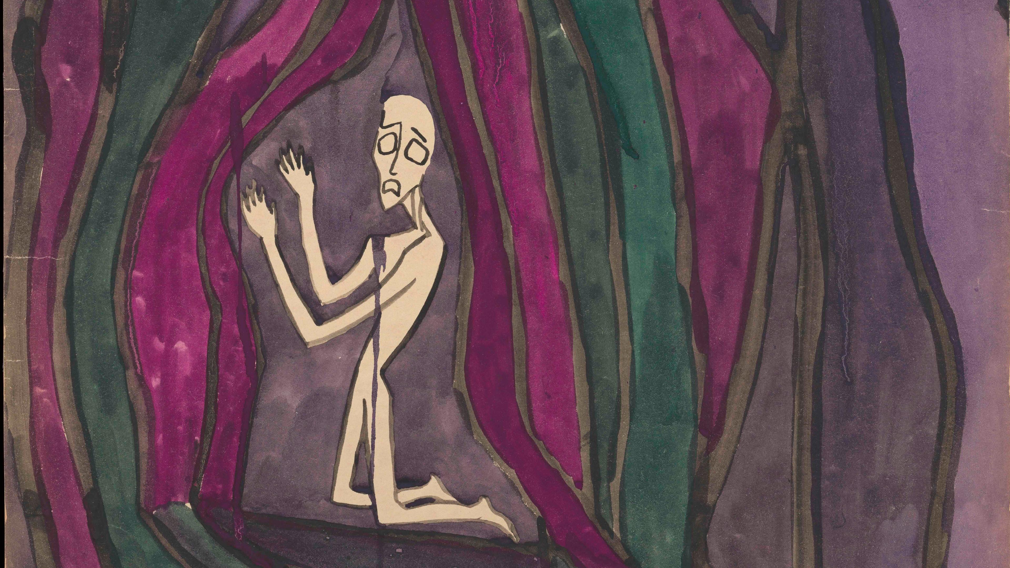 Expressionist painting of a figure kneeling inside vibrant layered shapes in green and purple tones.