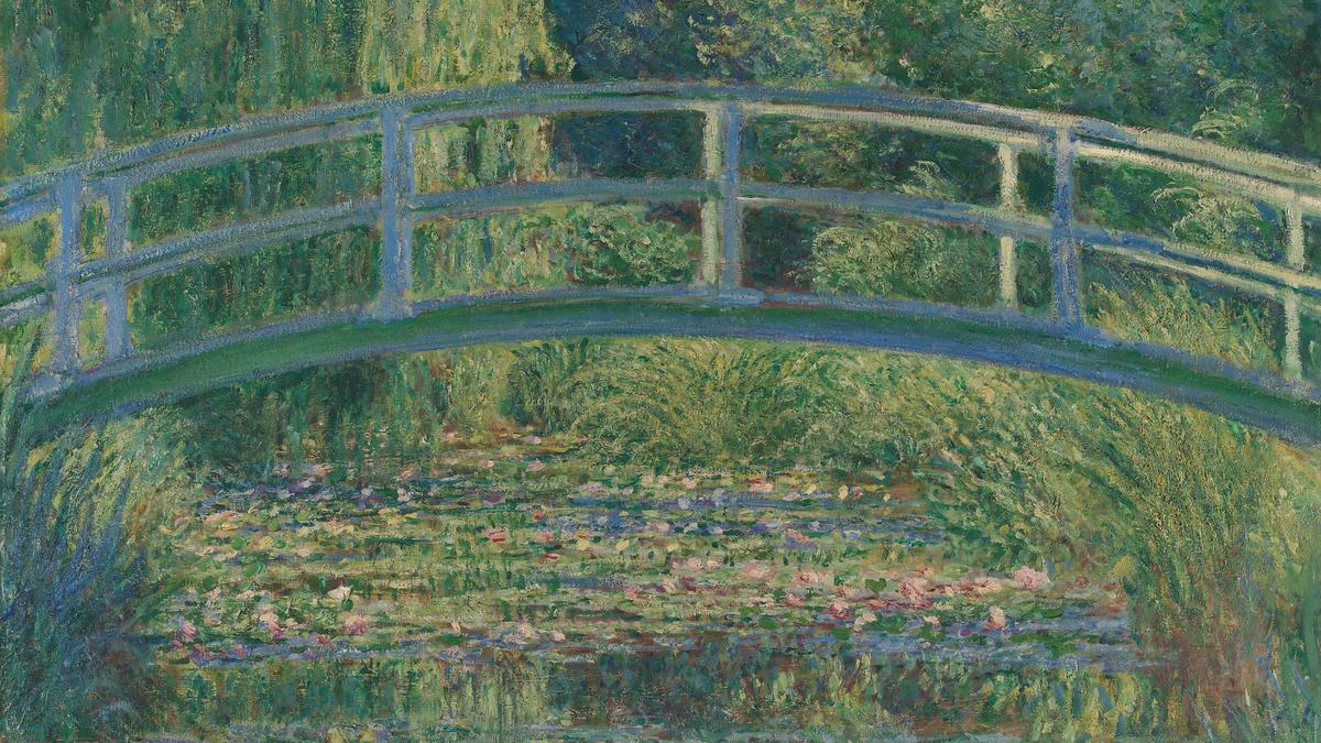 Impressionist painting of a green Japanese bridge over a pond with water lilies surrounded by lush greenery in a garden setting.