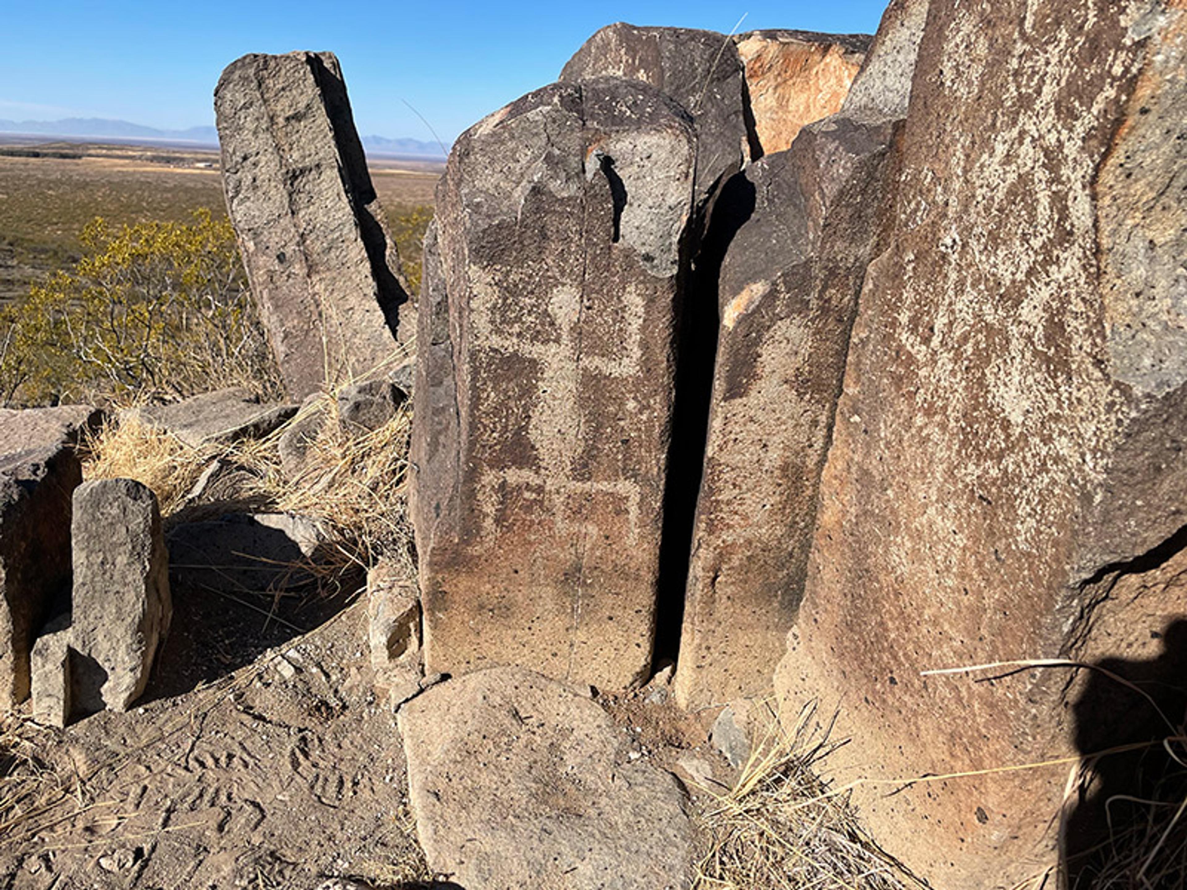 Ancient petroglyphs carved into upright stone blocks in a desert landscape with mountains in the background.