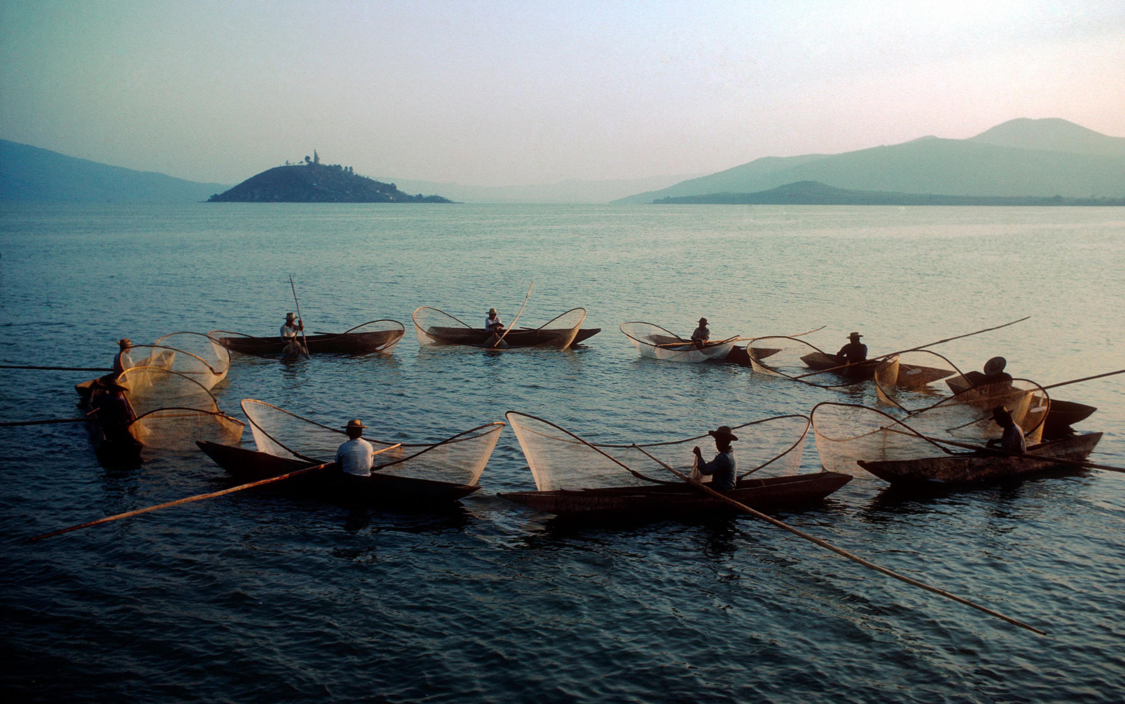 Photo of fishermen in a circle on a lake using large nets at sunrise with a distant island and hills in the background.