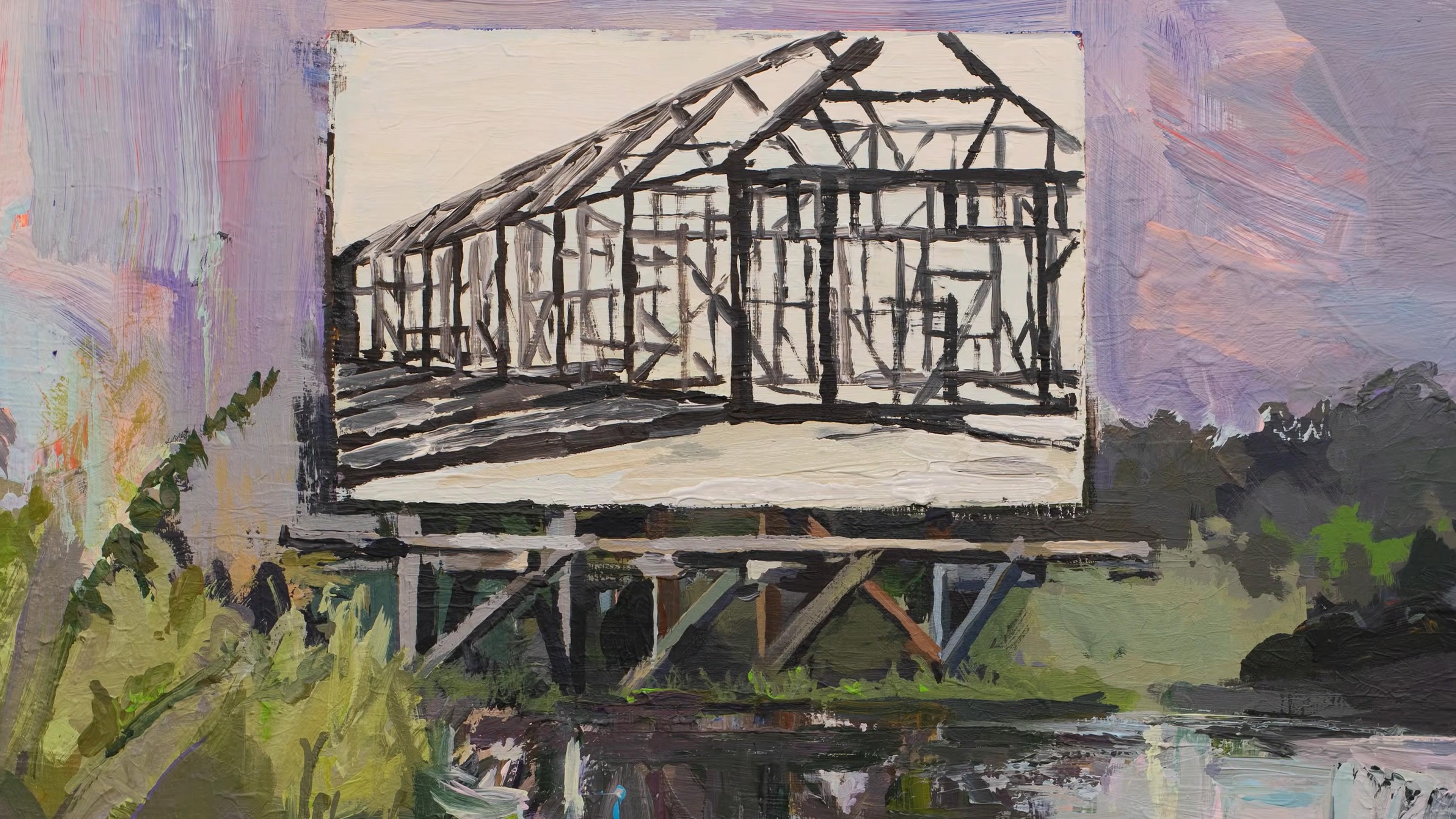 Painting of a bridge’s skeletal structure on a billboard with a colourful sky and greenery in the background.