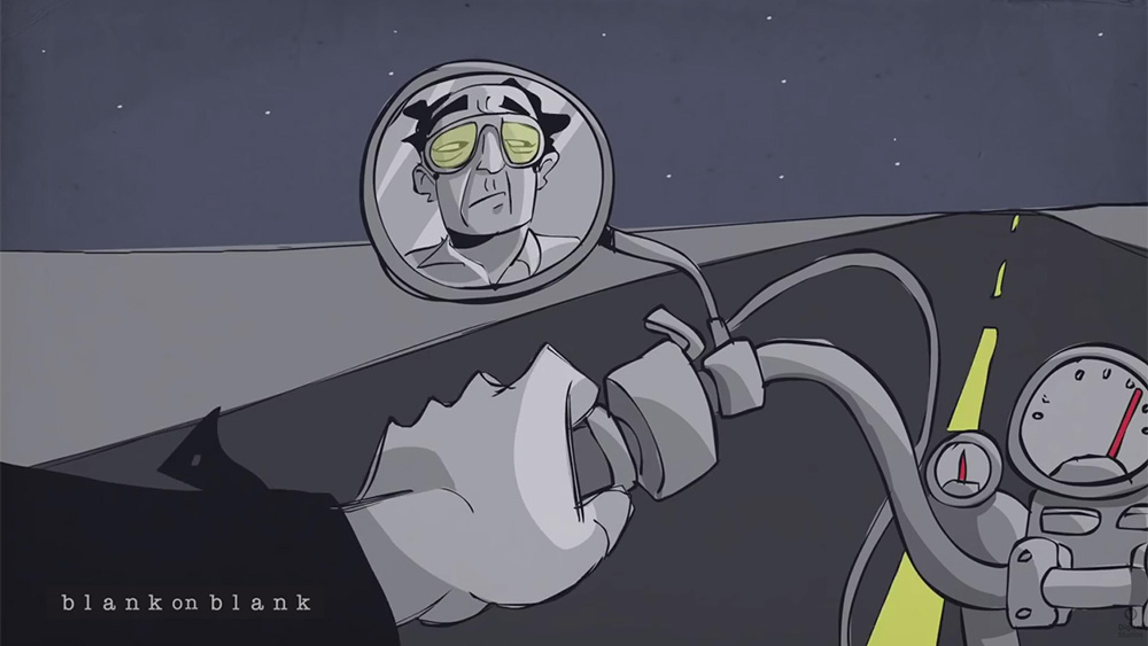 Animation of a person riding a motorcycle on a deserted road at night with their reflection visible in the rear-view mirror.